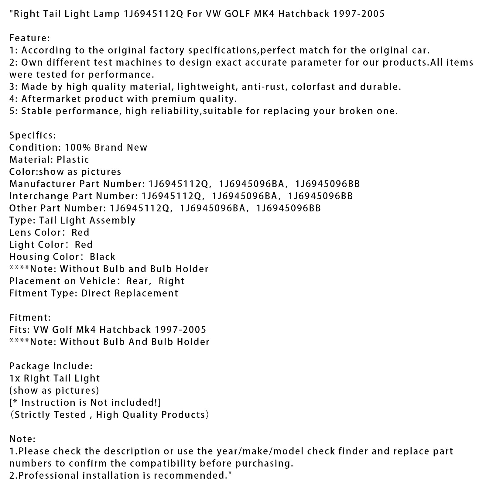 1997-2005 VW GOLF MK4 Hatchback Right Tail Light Lamp 1J6945112Q