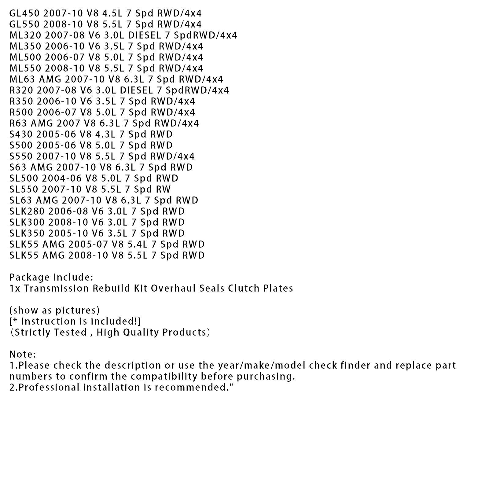 2005-2010 Mercedes-Benz SLK350 V6 3.5L 7 Spd RWDRWD 722.9 Transmission Rebuild Kit Overhaul Seal Clutch Plates
