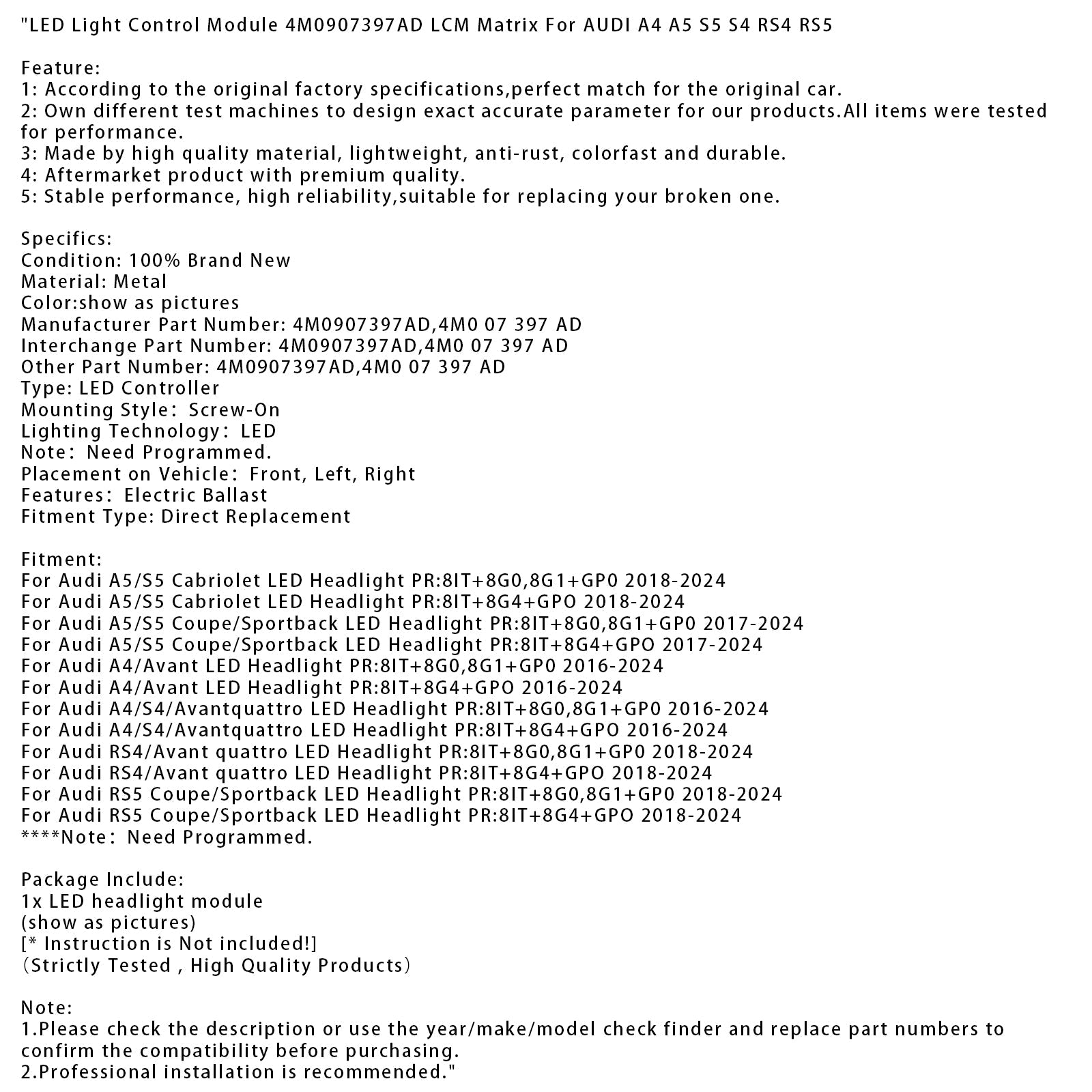 2017-2024 Audi A5/S5 Coupe/Sportback LED Headlight PR:8IT+8G4+GPO LED Light Control Module 4M0907397AD LCM Matrix