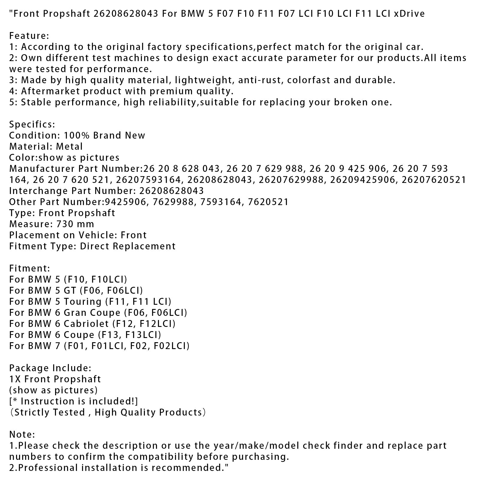 BMW 5 F07 F10 F11 F07 F10 F11 LCI xDrive Front Propshaft 26208628043