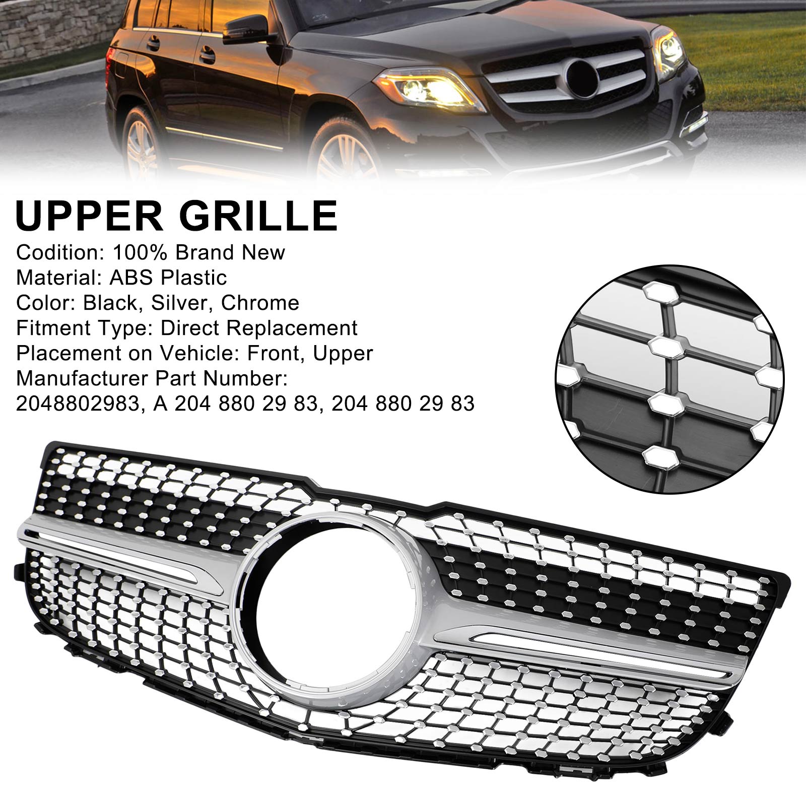 Front Bumper Grille Grill Fit Mercedes Benz X204 GLK-Class 2013-2015 Diamond