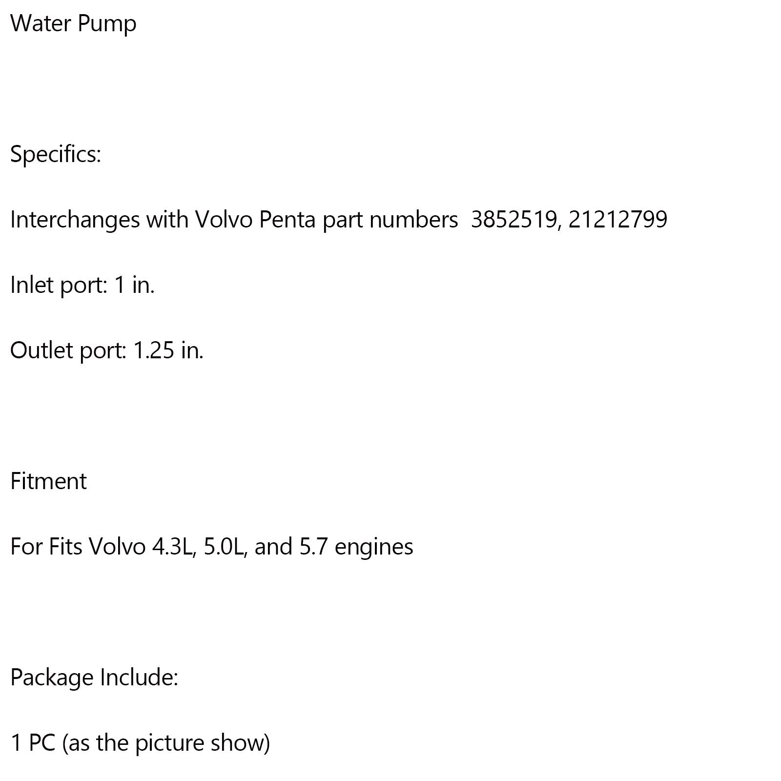 VOLVO PENTA 4.3L 5.0L 5.7L Replaces Raw Water Sea Pump 21212799 3812519