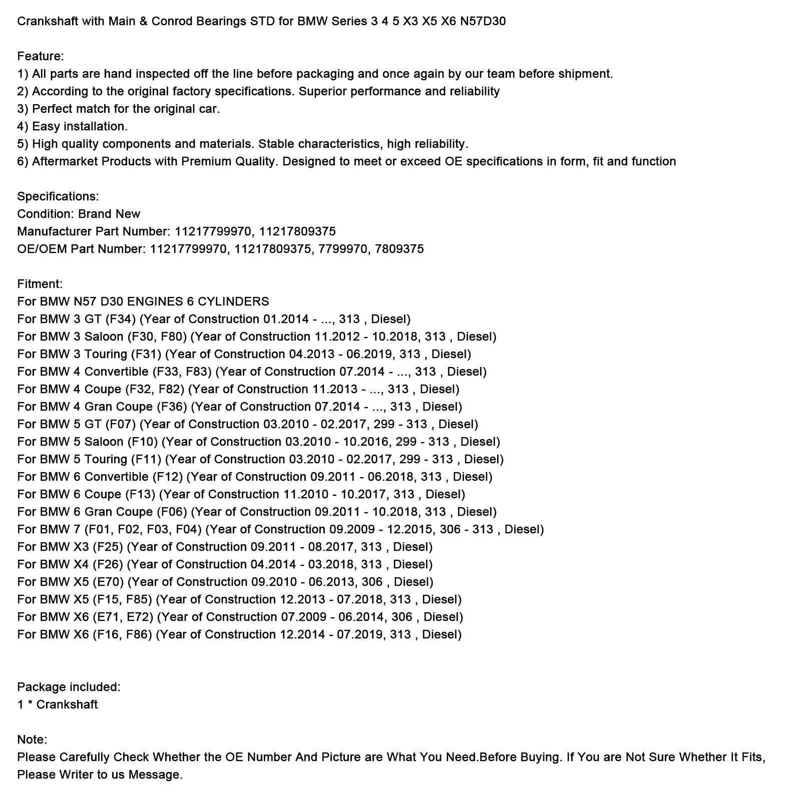 Crankshaft with Main & Conrod Bearings STD for BMW Series 3 4 5 X3 X5 X6 N57D30