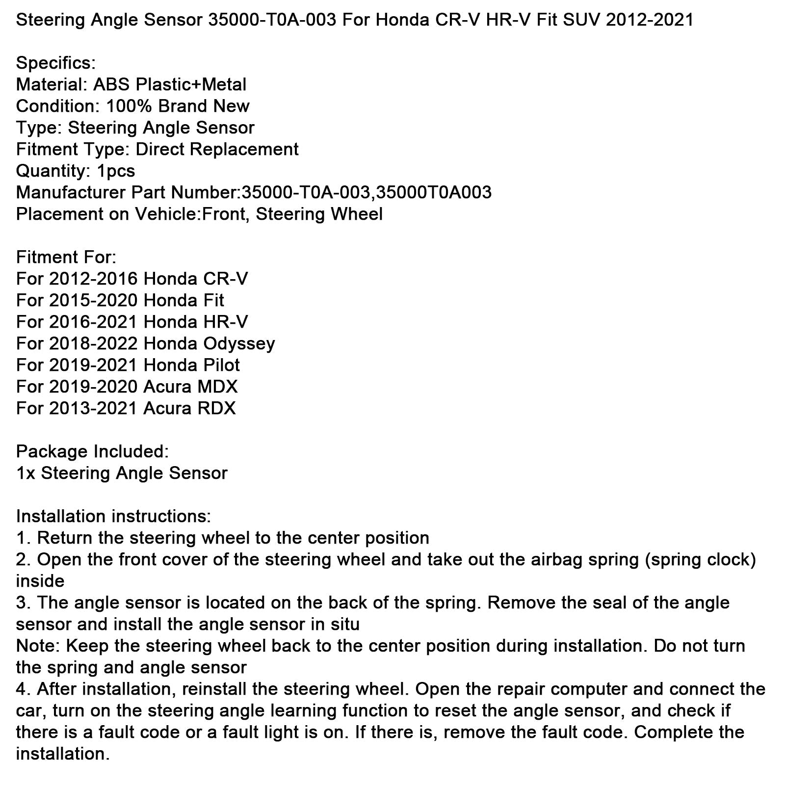 Steering Angle Sensor 35000-T0A-003 For Honda CR-V HR-V Fit SUV 2012-2021