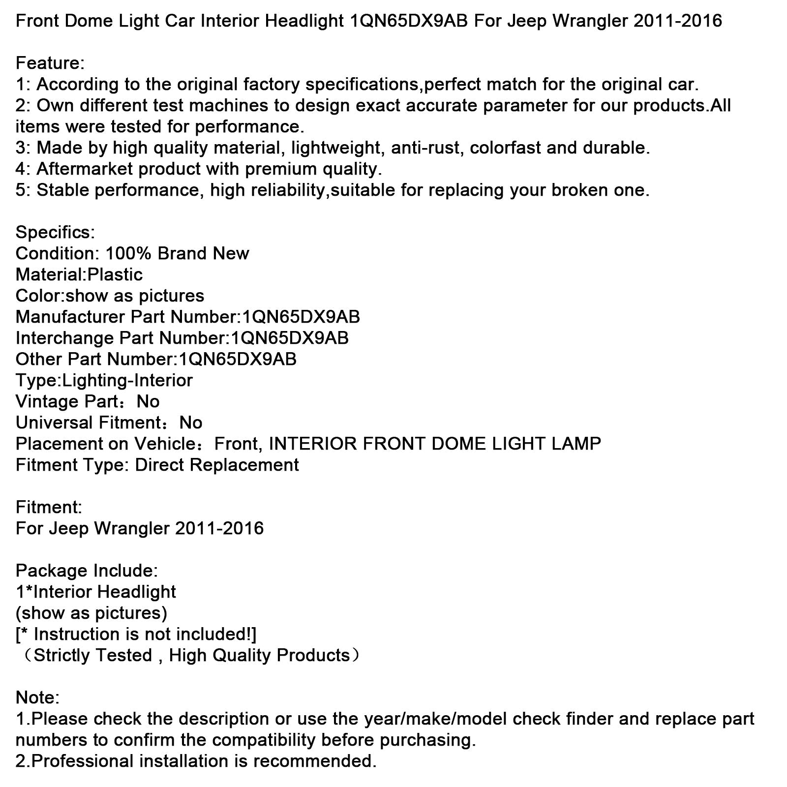 2011-2016 Jeep Wrangler Front Dome Light Car Interior Headlight 1QN65DX9AB