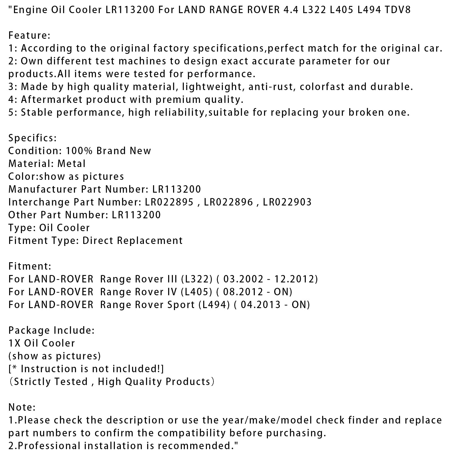 04.2013-ON LAND-ROVER Range Rover Sport (L494) Engine Oil Cooler LR113200 Generic