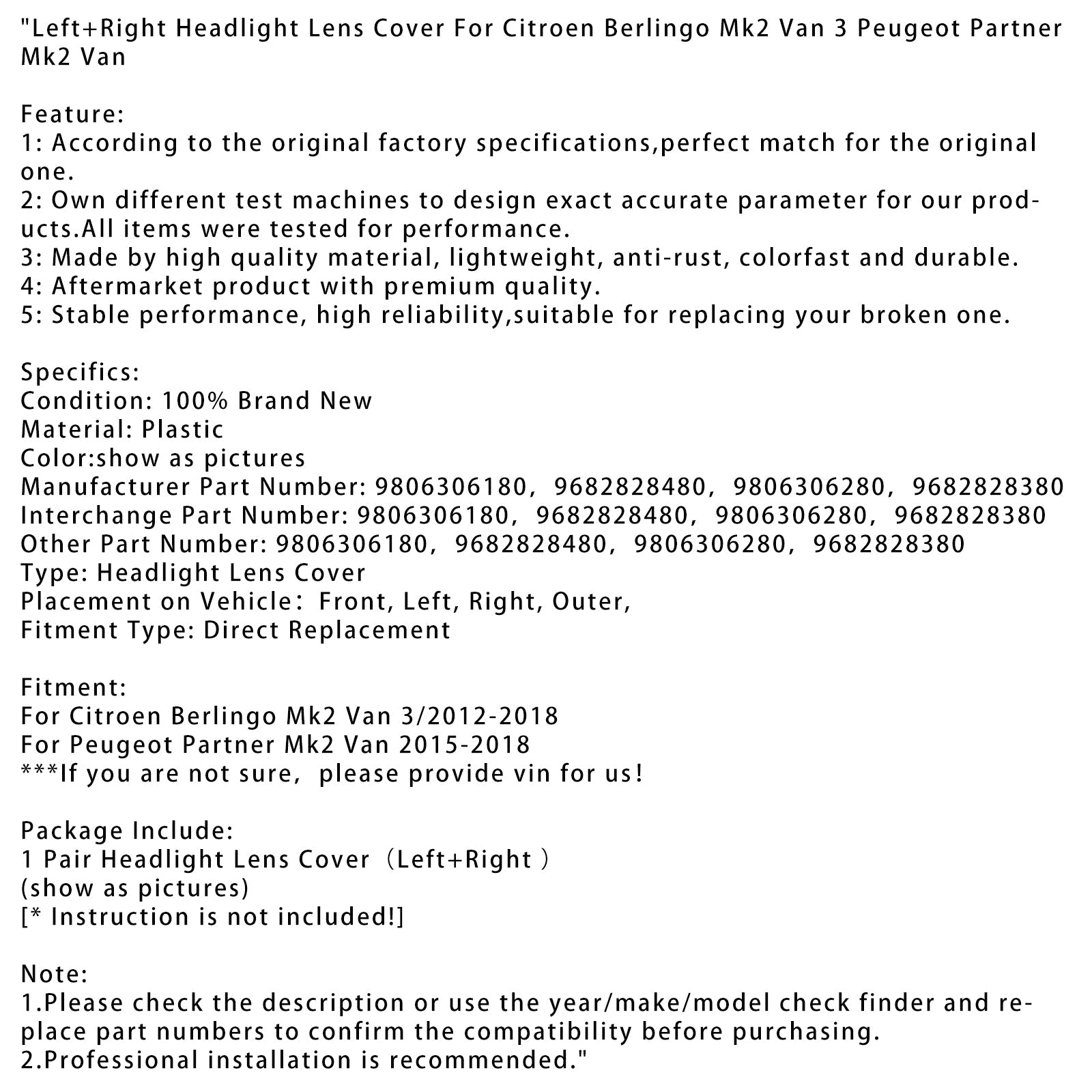 Citroen Berlingo Mk2 Van 3 Peugeot 파트너의 왼쪽+오른쪽 헤드 라이트 렌즈 커버
