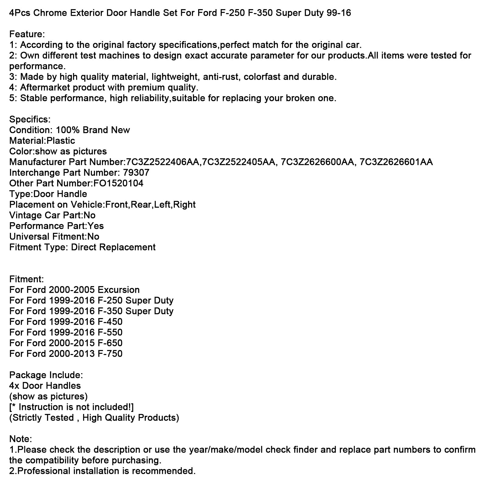 4Pcs Chrome Exterior Door Handle Set For Ford F-250 F-350 Super Duty 99-16