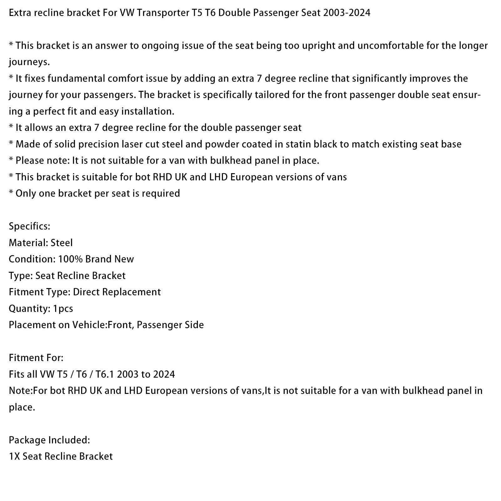 2003-2024 VW Transporter T5 T6 Double Passenger Seat Extra Recline Bracket