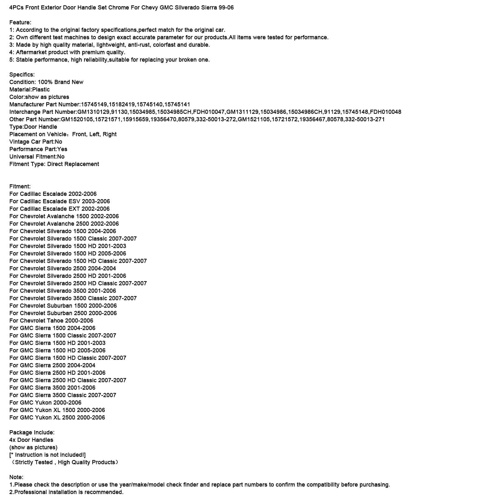 4PCs Front Exterior Door Handle Set Chrome For Chevy GMC Silverado 99-06