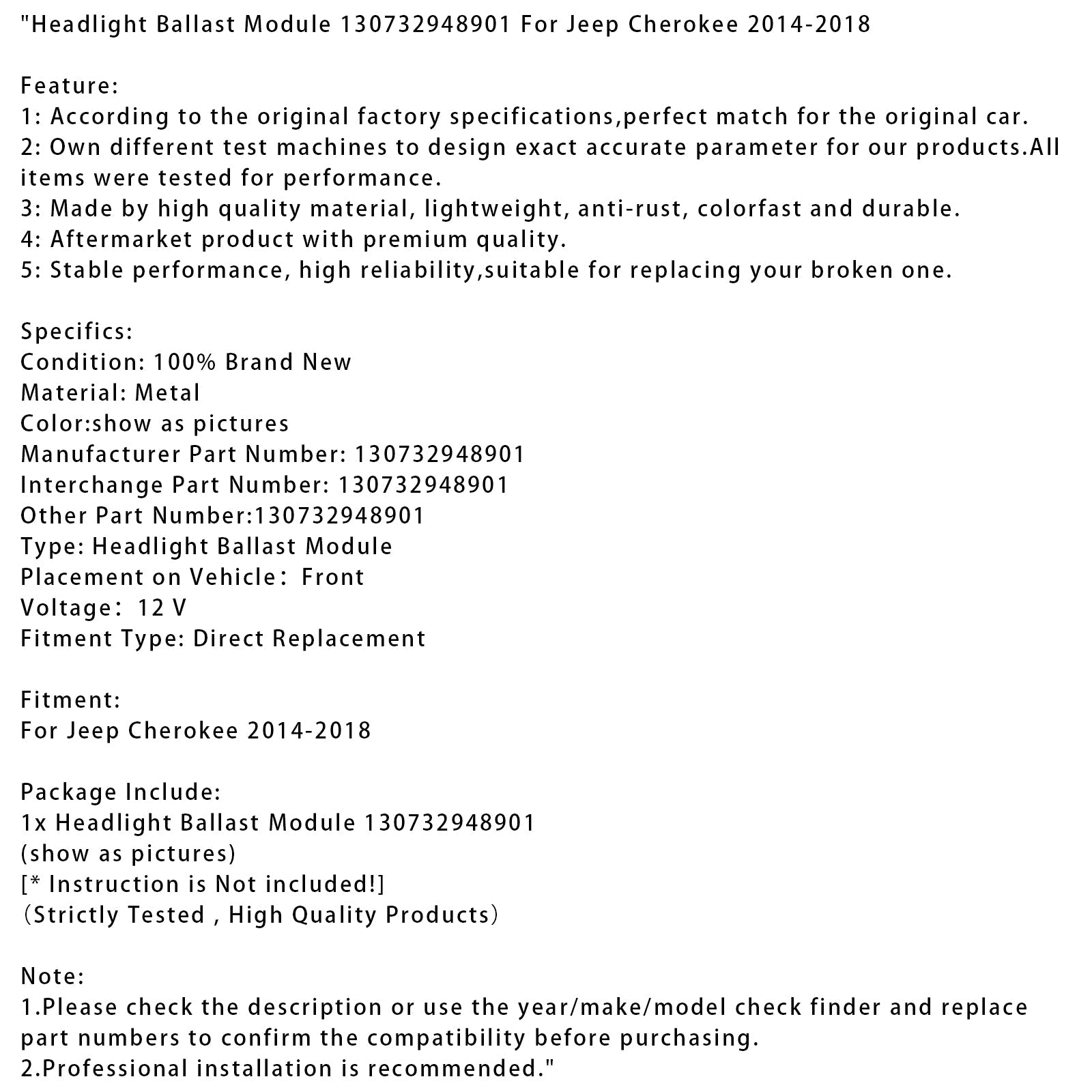 2014-2018 Jeep Cherokee Headlight Ballast Module 130732948901