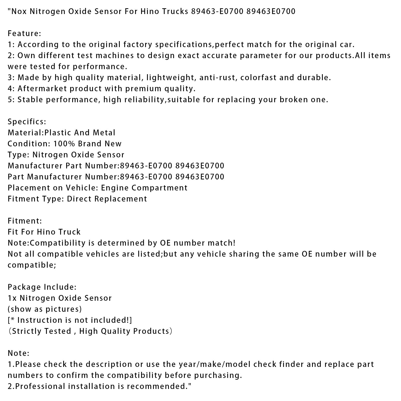 Hino Trucks Nox Nitrogen Oxide Sensor 89463-E0700 89463E0700