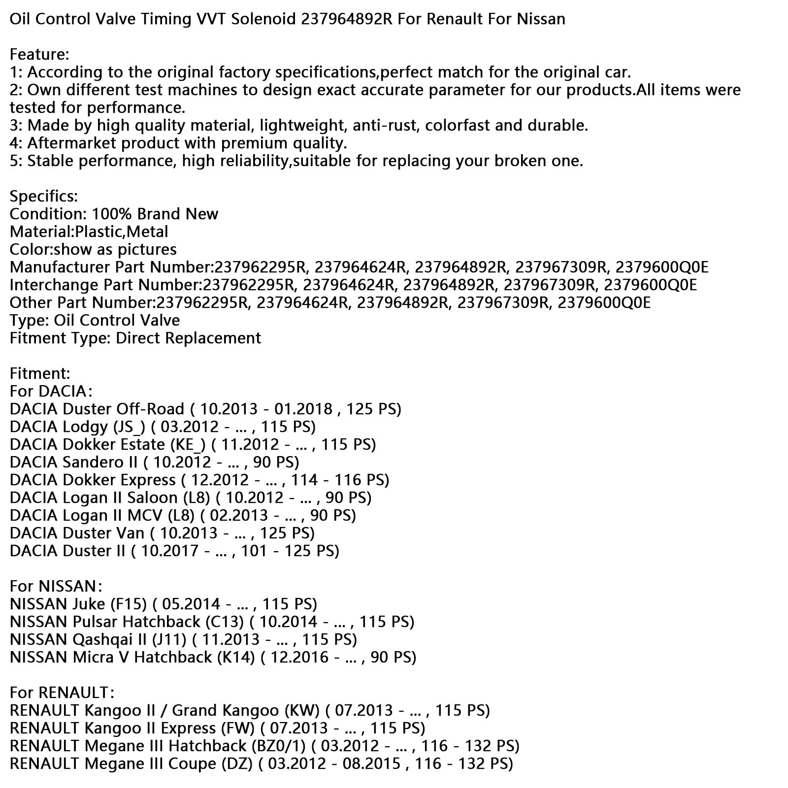Oil Control Valve Timing VVT Solenoid 237964892R For Renault For Nissan