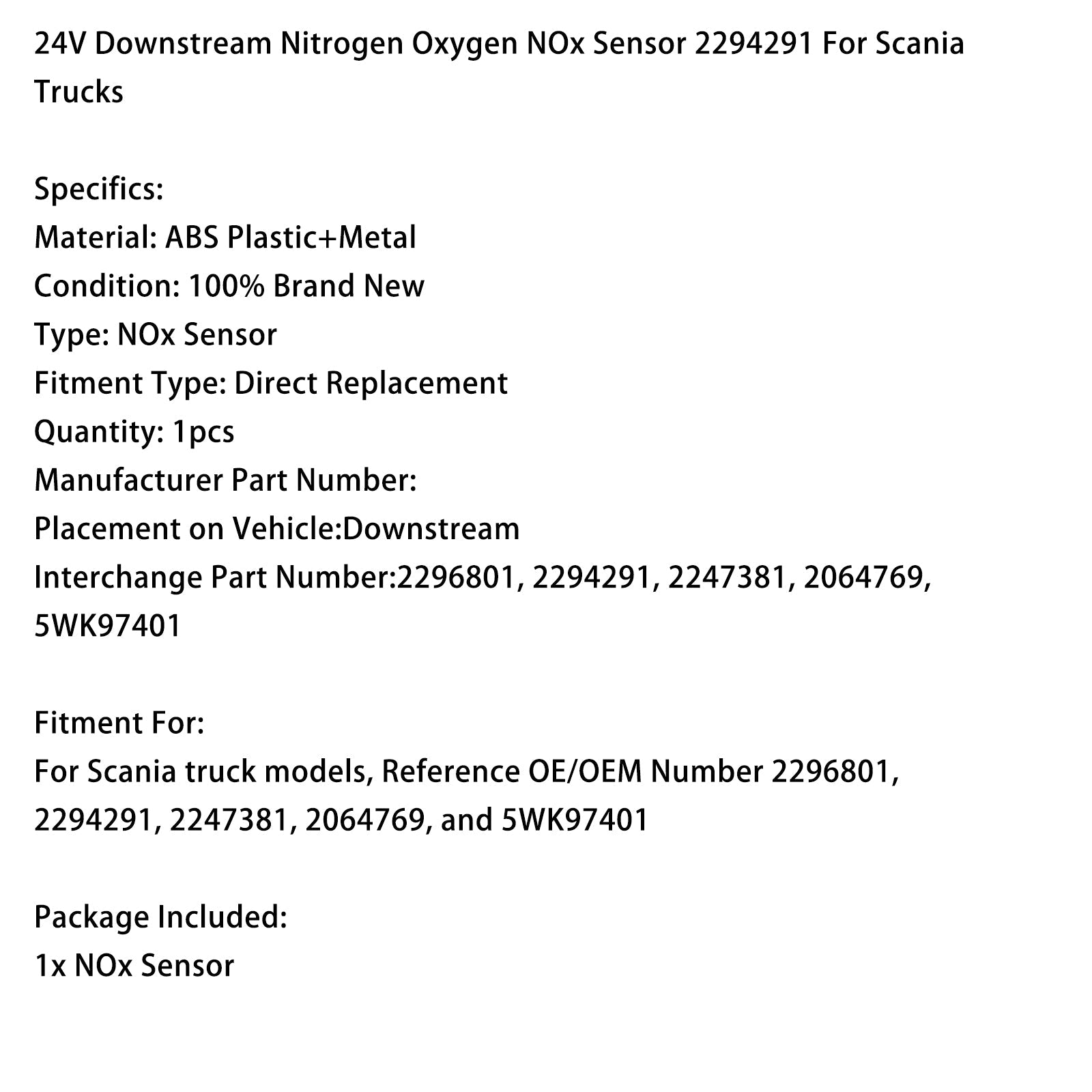 24V Downstream Nitrogen Oxygen NOx Sensor 2294291 For Scania Trucks
