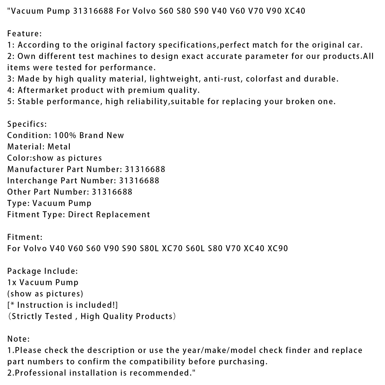 Volvo S60 S80 S90 V40 V60 V70 V90 XC40 Vacuum Pump 31316688