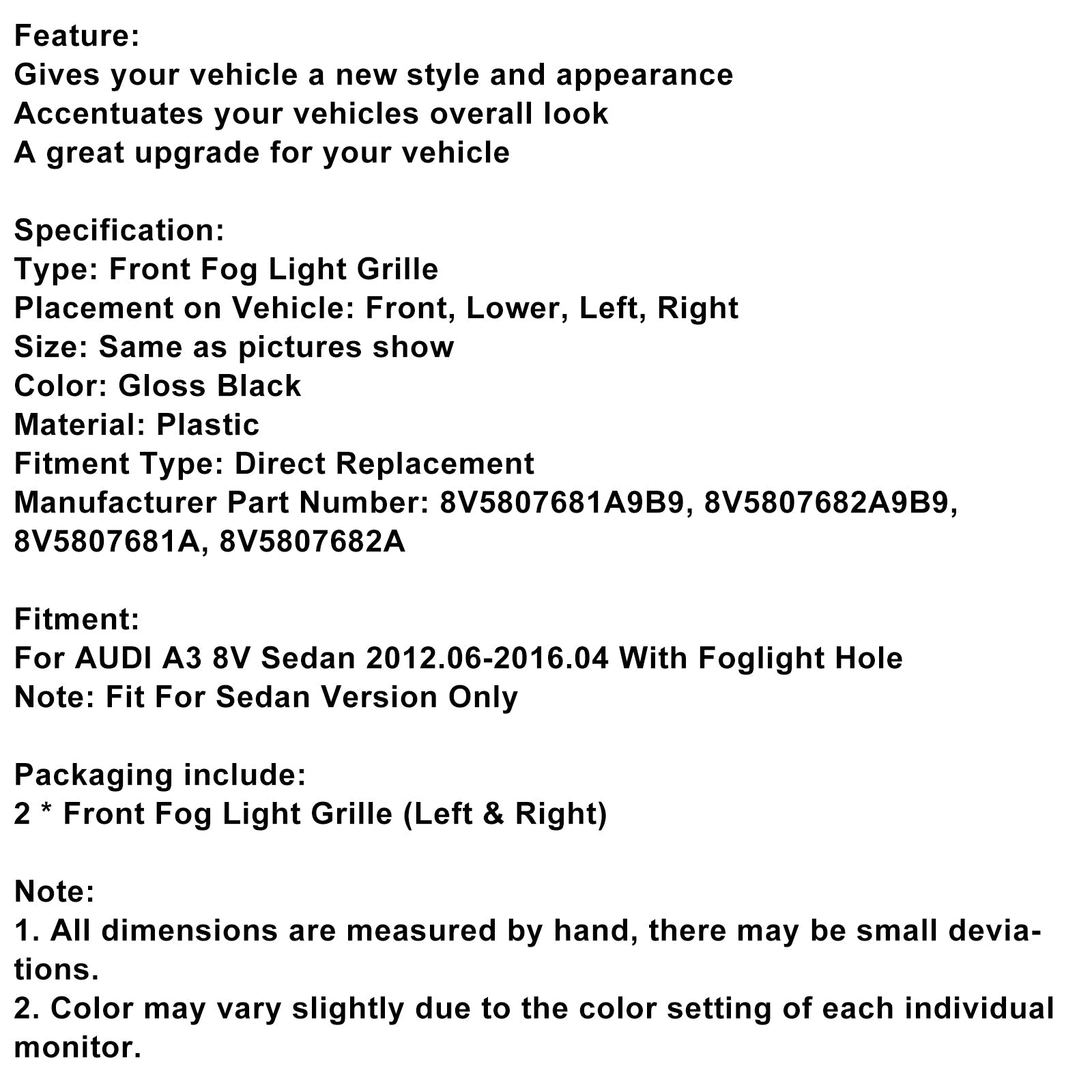 2013-2016 Audi A3 8V Sedan Gloss Black Front Fog Light Grill Covers