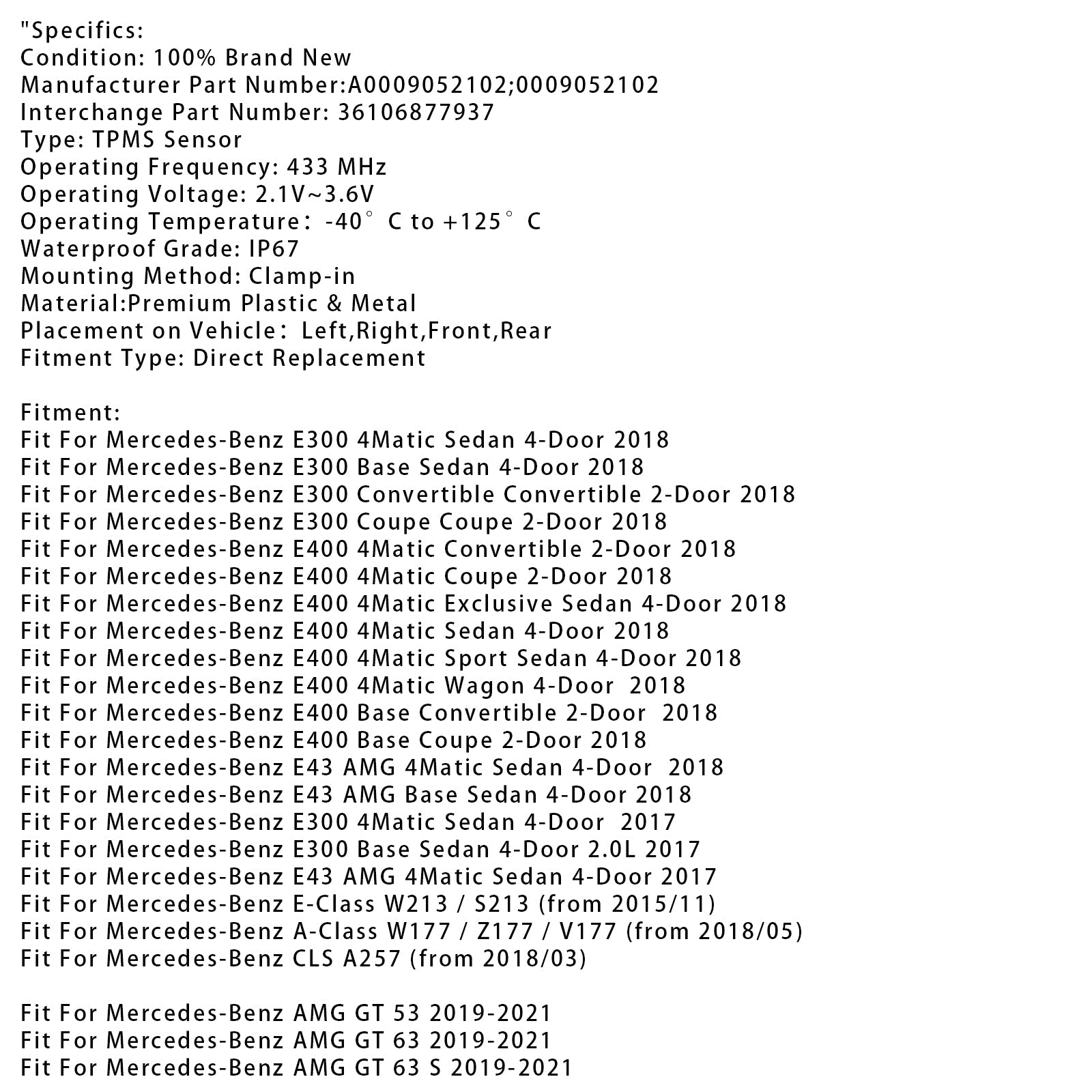 4X TPMS Tire Pressure Sensor For Mercedes-Benz A E Class W213 A0009052102