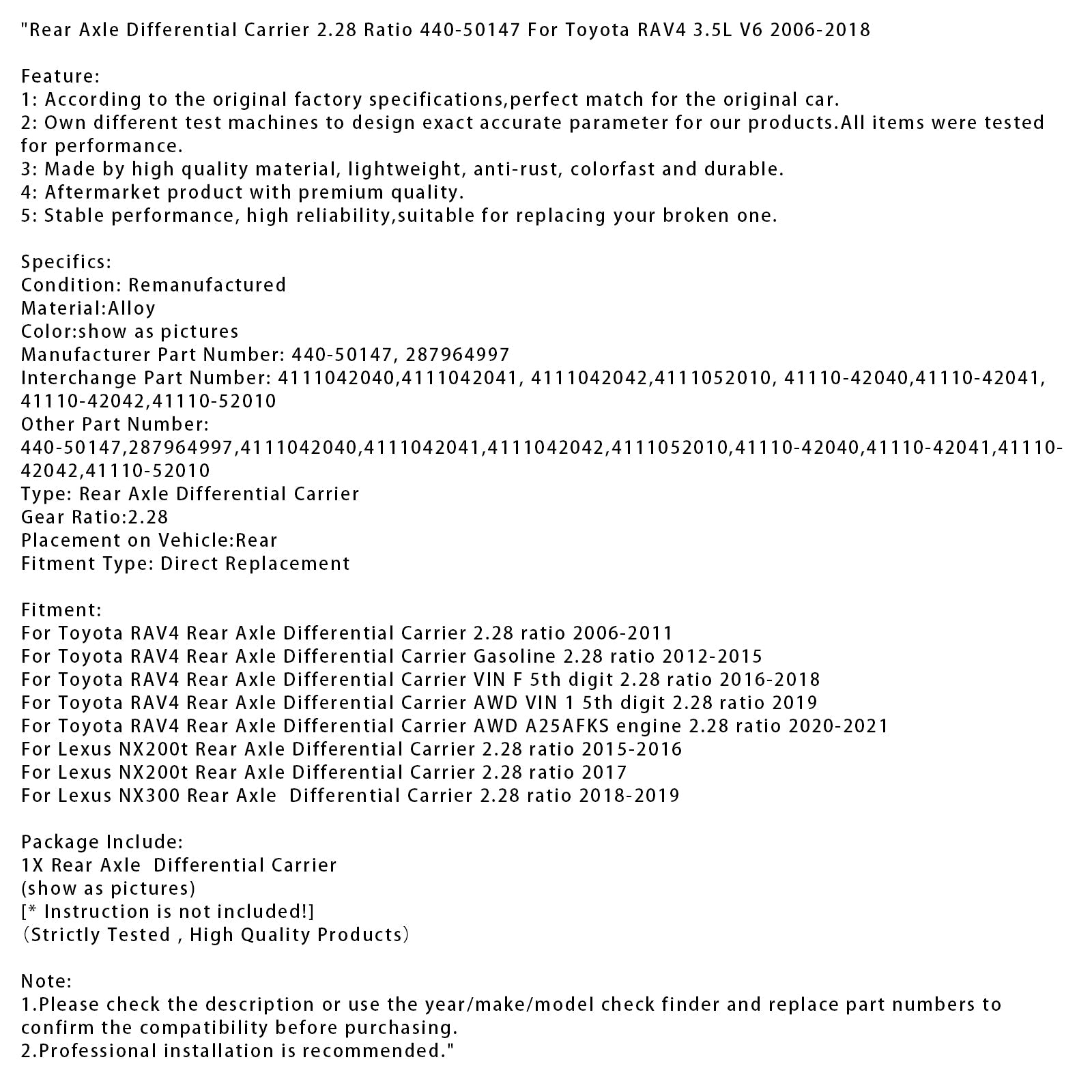 2006-2011 Toyota RAV4 리어 액슬 디퍼렌셜 캐리어 2.28 비율 리어 액슬 디퍼렌셜 캐리어 2.28 비율 440-50147 287964997