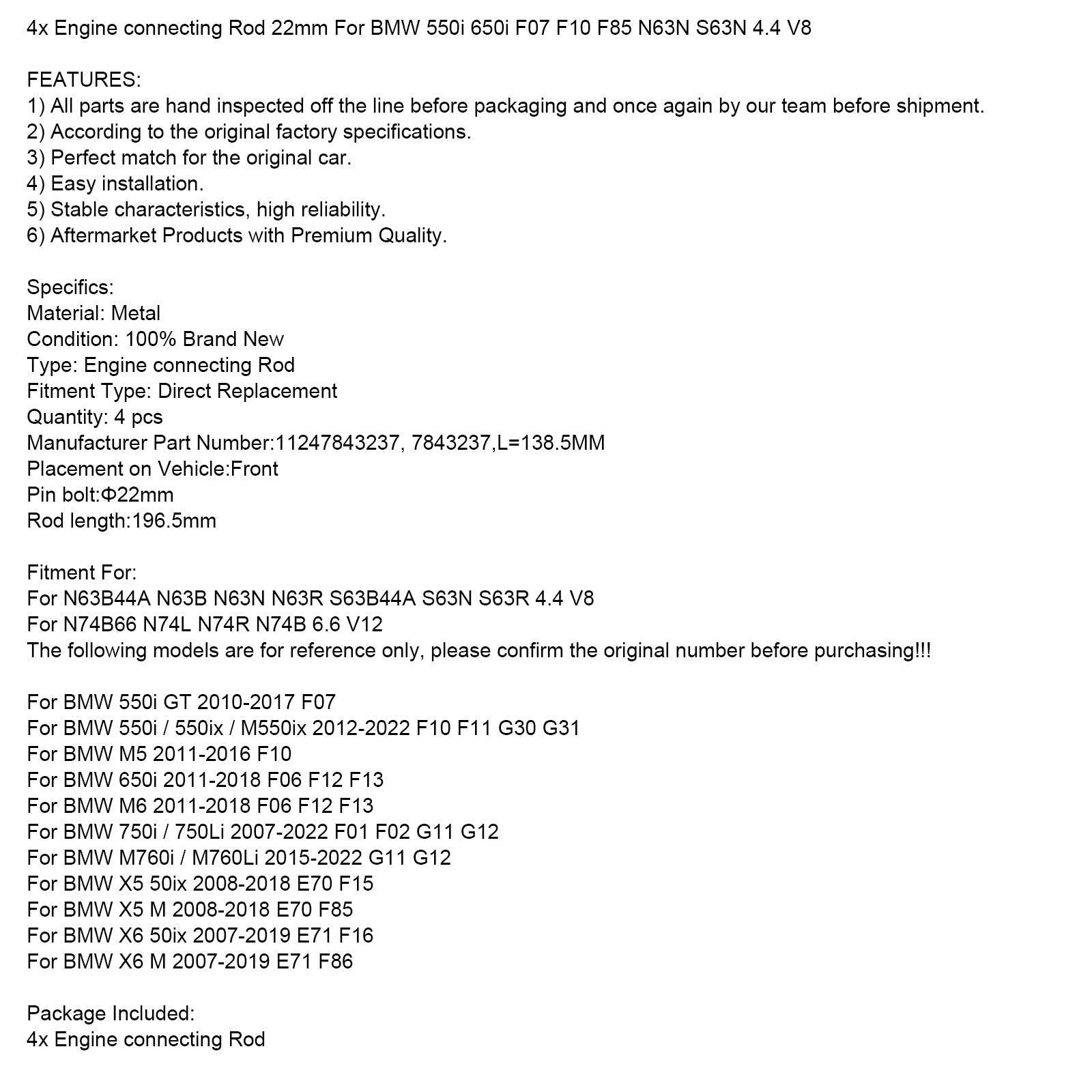 4x Engine connecting Rod 22mm For BMW 550i 650i F07 F10 F85 N63N S63N 4.4 V8