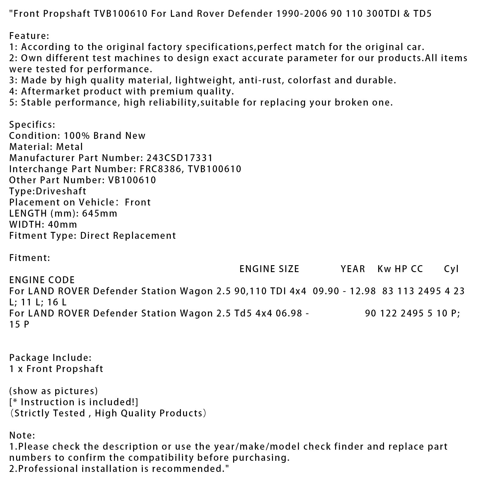 Front Propshaft TVB100610 For Land Rover Defender 1990-2006 90 110 300TDI & TD5