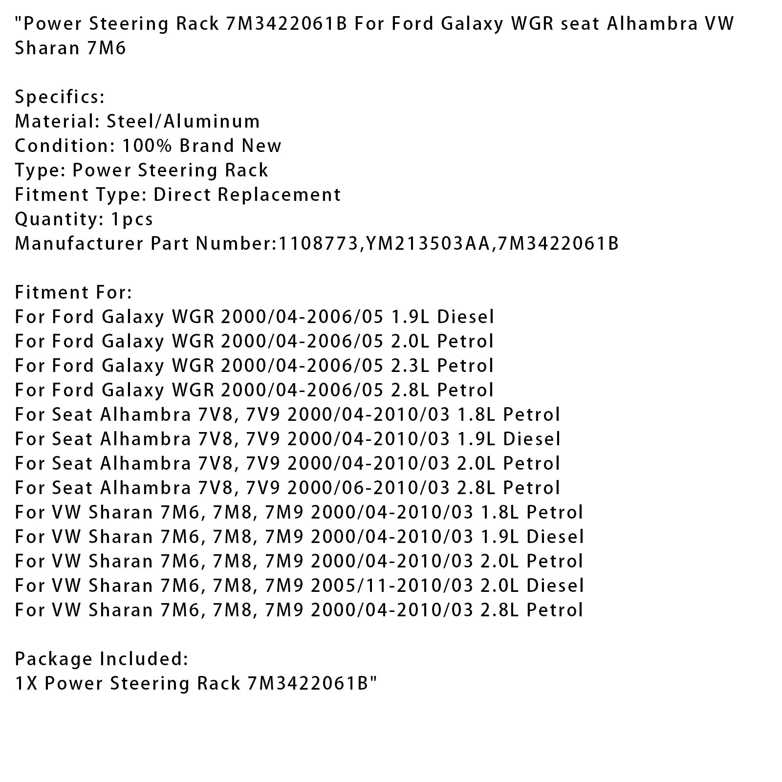 2000/04-2010/03 VW Sharan 7M6, 7M8, 7M9 2.8L Petrol Power Steering Rack 7M3422061B 1108773