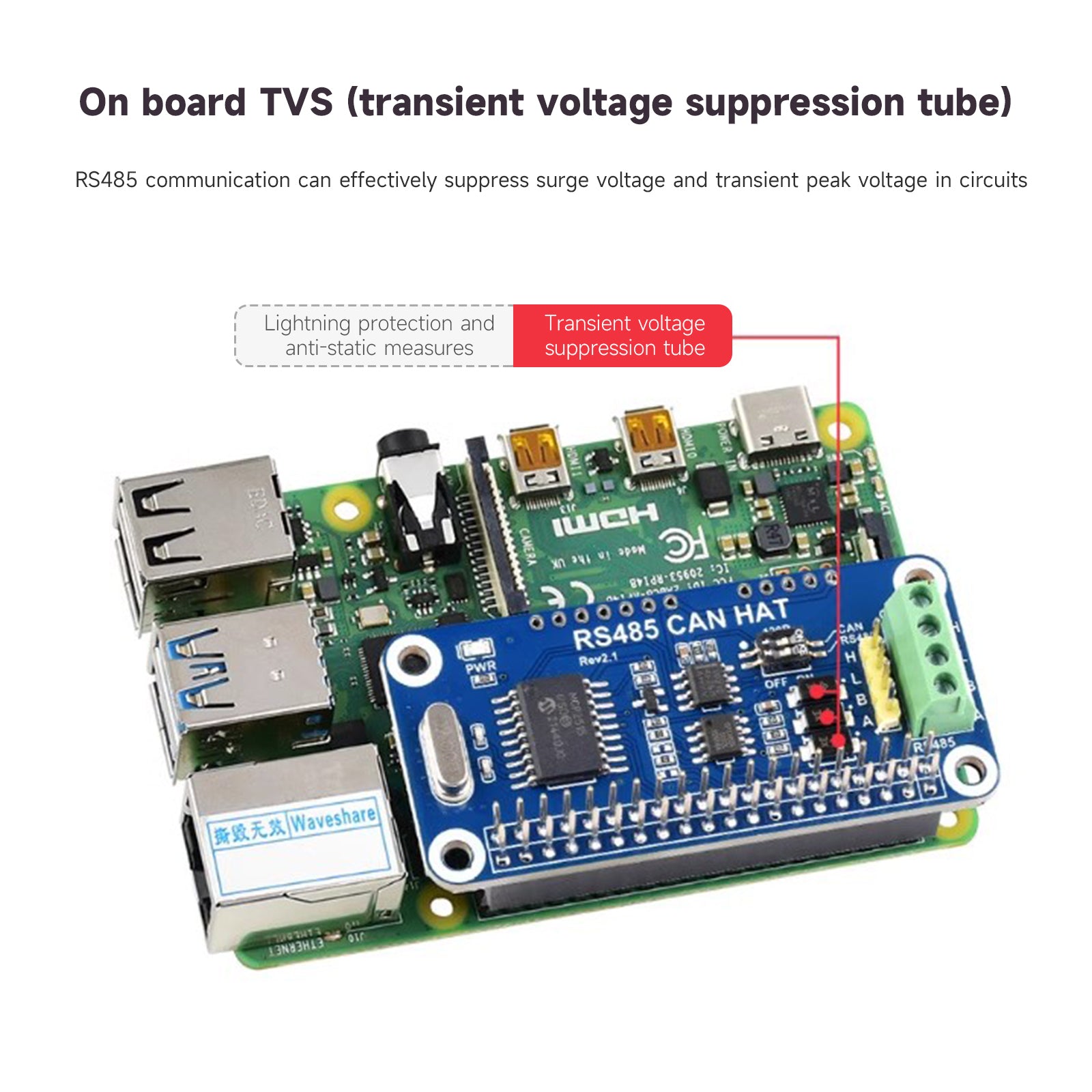 Raspberry Pi RS485 Can Expansion Board UART Communication Module Onboard TVS