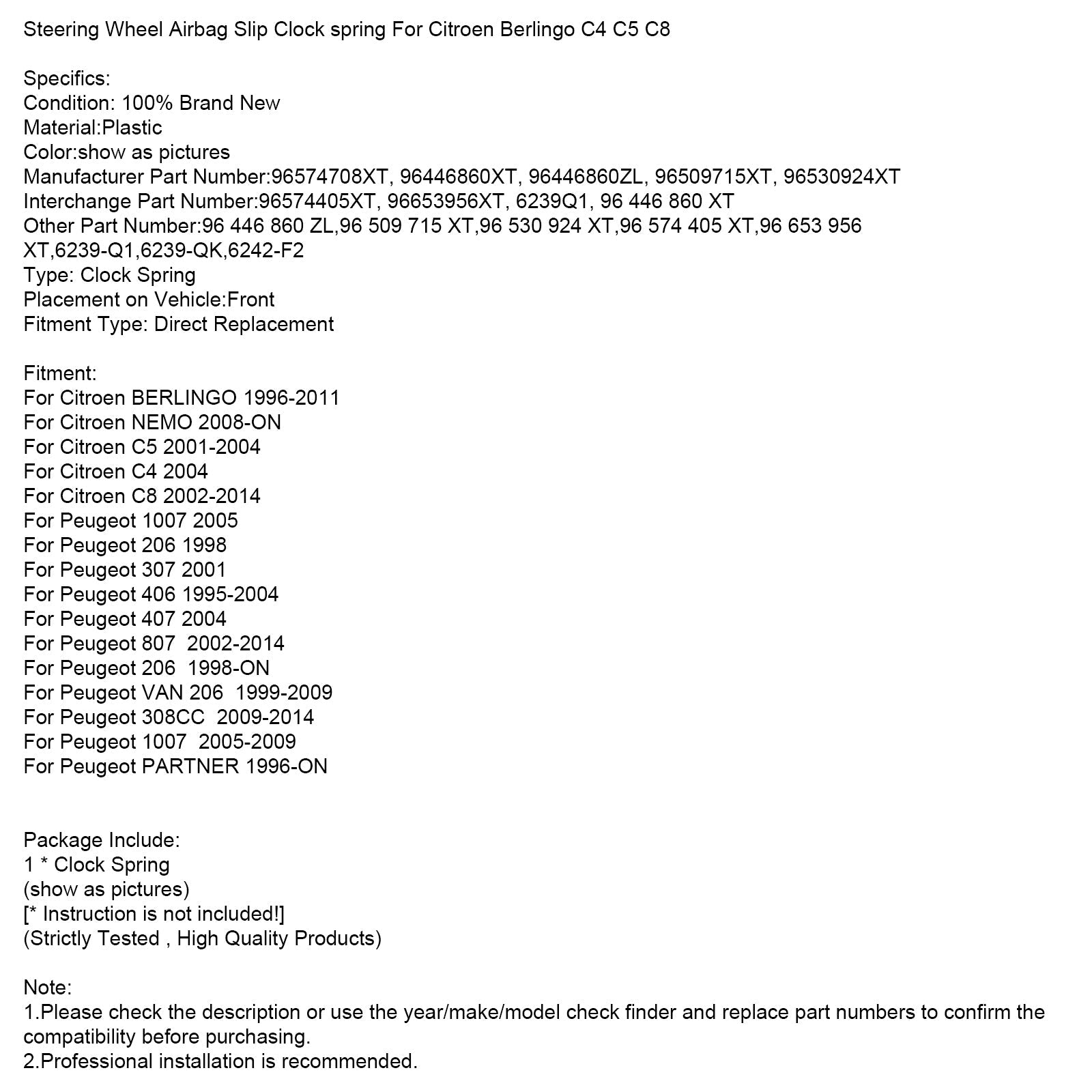 Steering Wheel Airbag Slip Clock spring For Citroen Berlingo C4 C5 C8