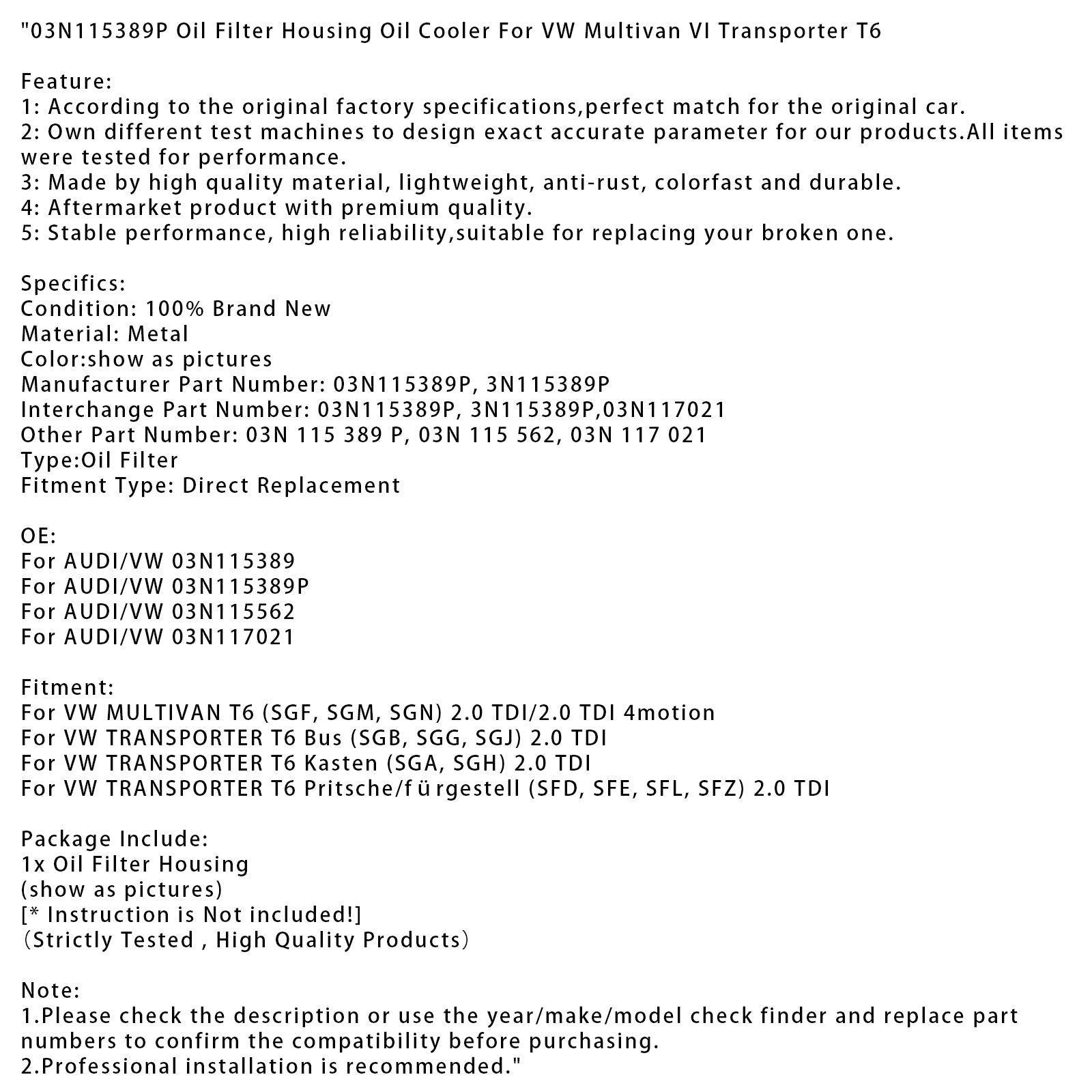 03N115389P Oil Filter Housing Oil Cooler For VW Multivan VI Transporter T6