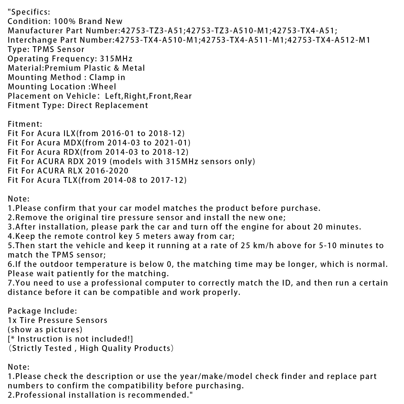 1X TPMS Tire Pressure Sensor For Acura MDX RDX TLX ILX 42753TZ3A51