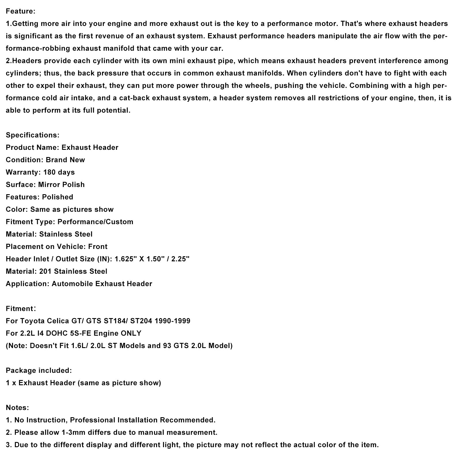 1990-1999 TOYOTA CELICA GT/GTS 2.2L Stainless Steel Exhaust Manifold Header Fit