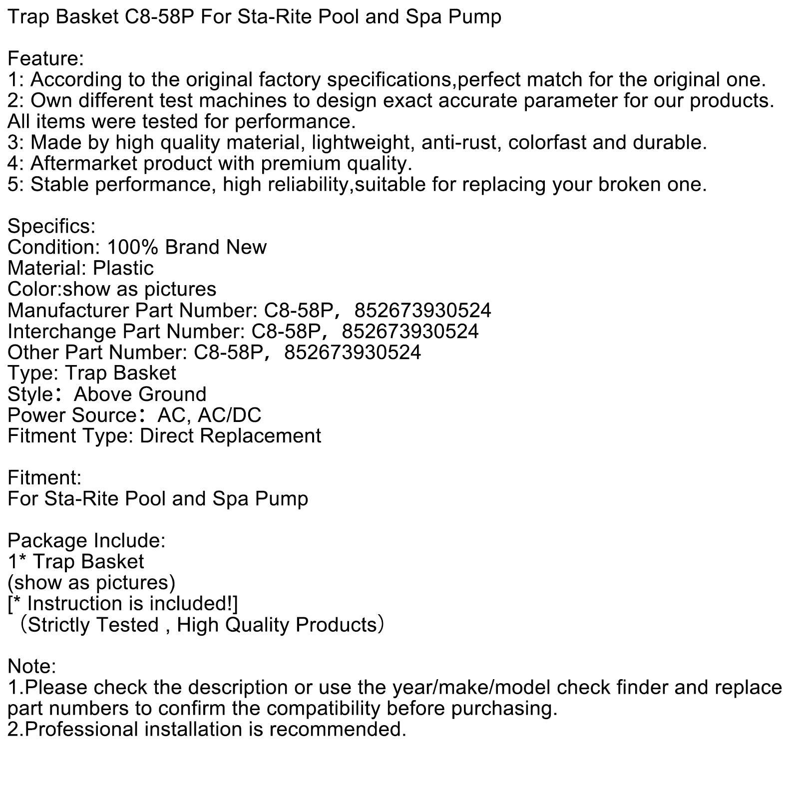 Trap Basket C8-58P For Sta-Rite Pool and Spa Pump