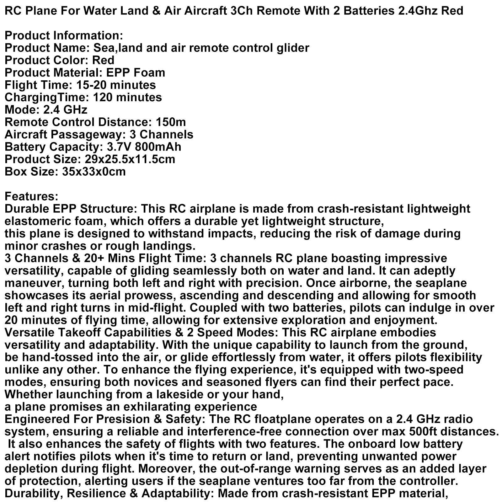 RC Plane For Water Land & Air Aircraft 3Ch Remote With 2 Batteries 2.4Ghz Red