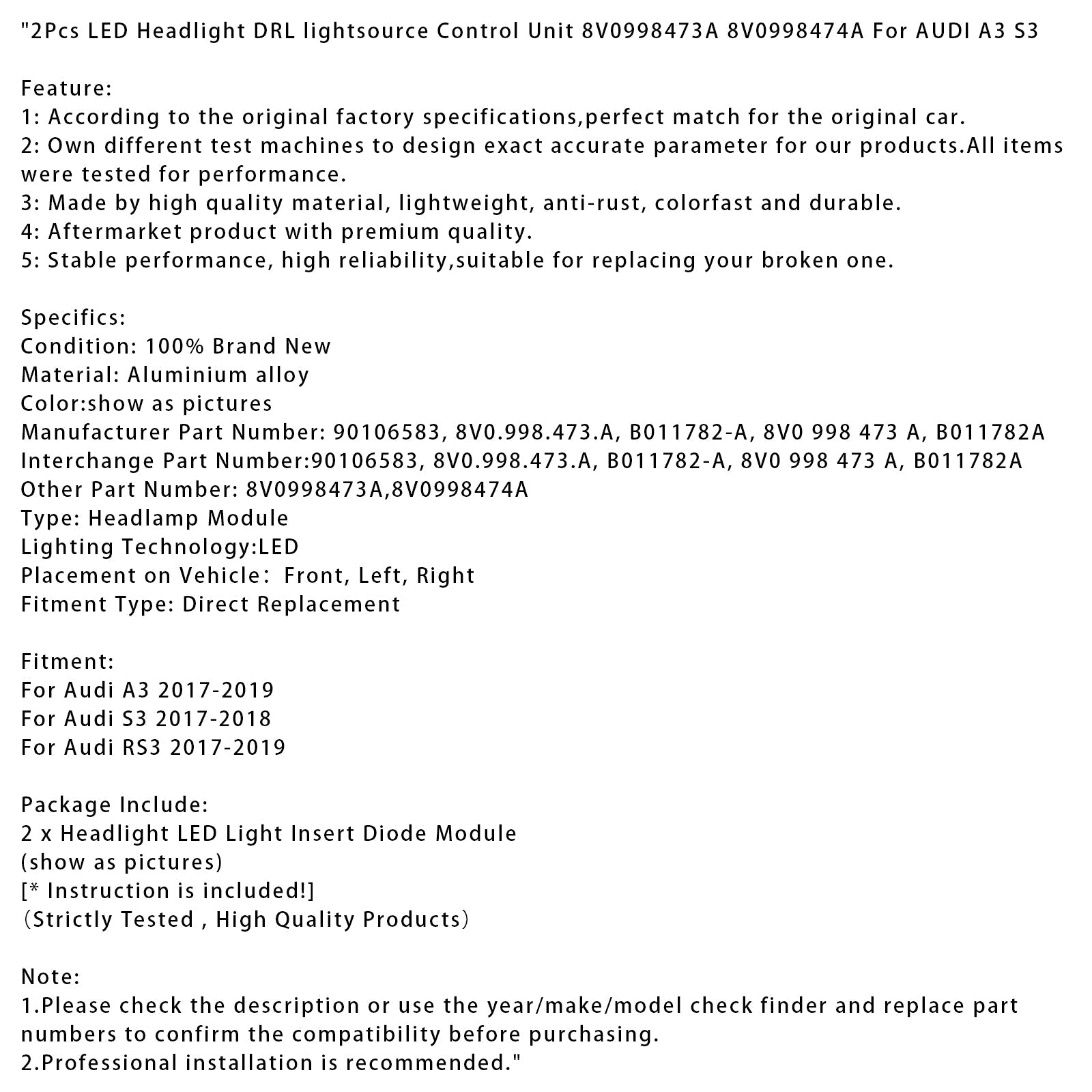 2017-2019 Audi RS3 2Pcs LED Headlight DRL lightsource Control Unit 8V0998473A 8V0998474A