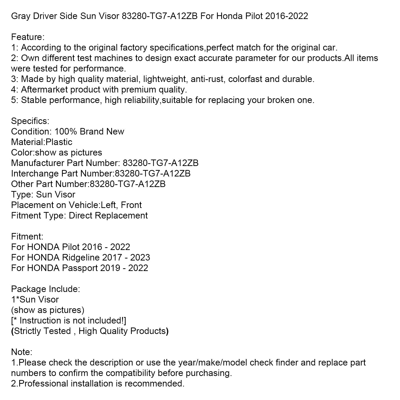 Gray Left Side Sun Visor 83280-TG7-A12ZB For Honda Pilot 2016-2022