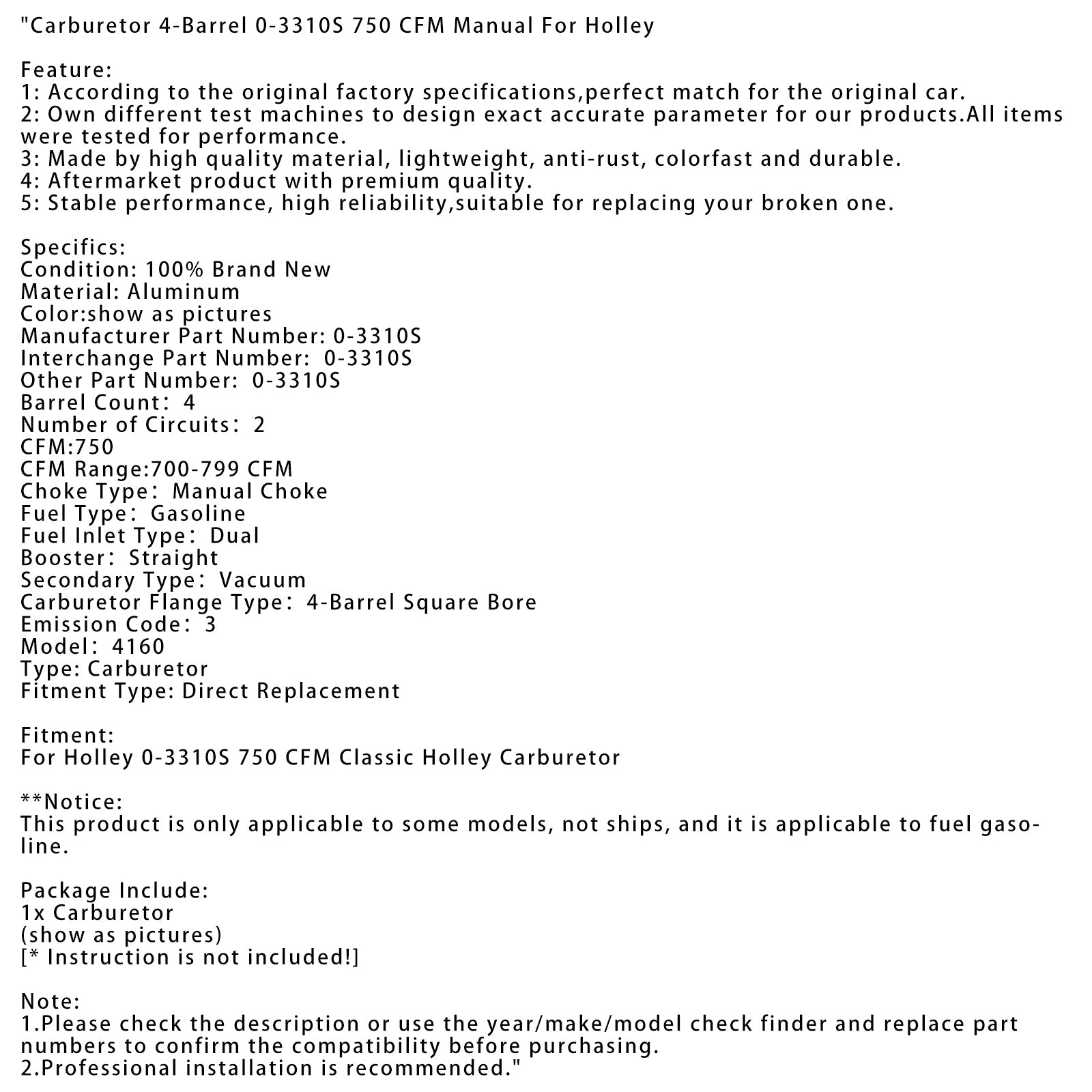 Carburetor 4-Barrel 0-3310S 750 CFM Manual For Holley