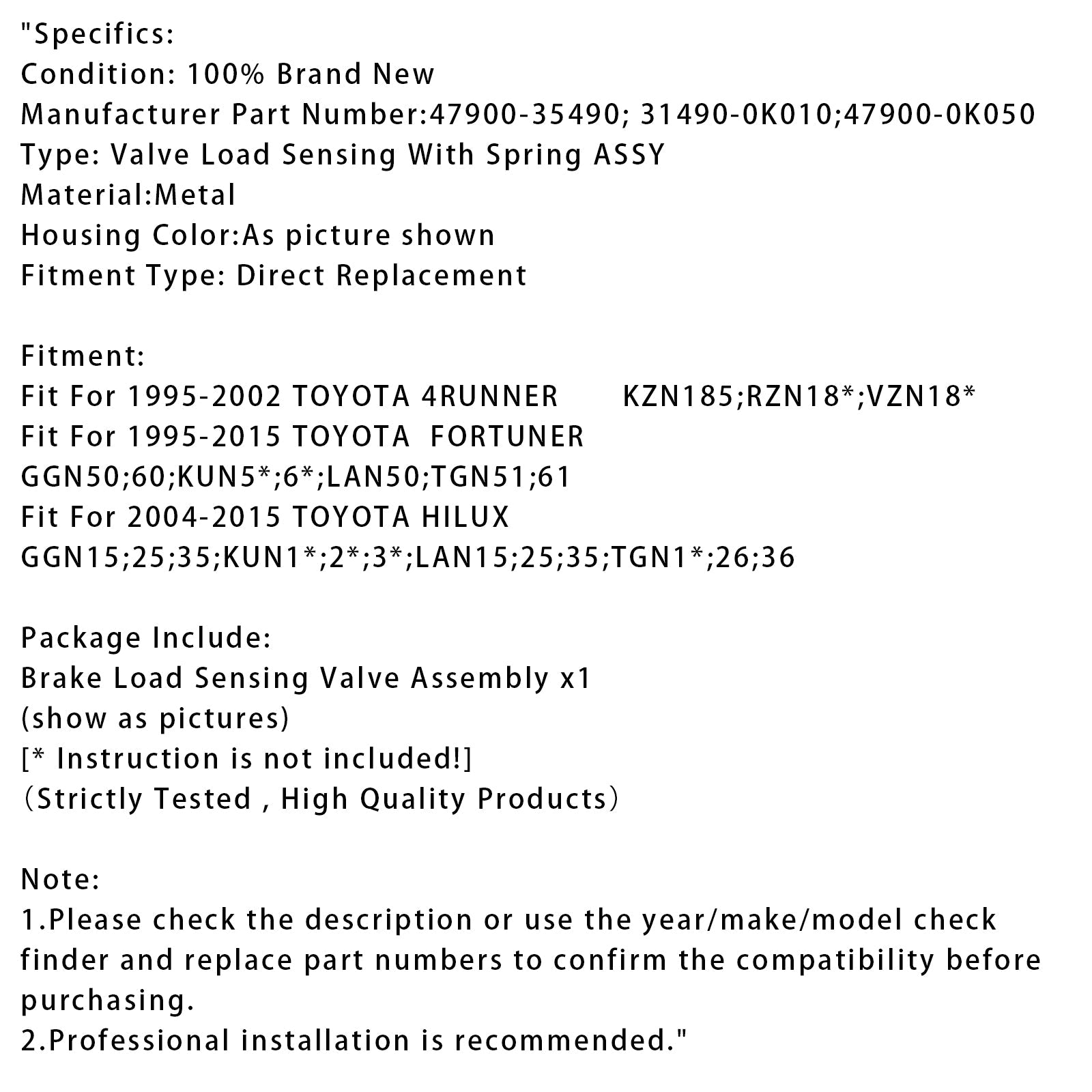 1995-2015 TOYOTA FORTUNER Brake Load Sensing Valve With Spring ASSY 47900-35490