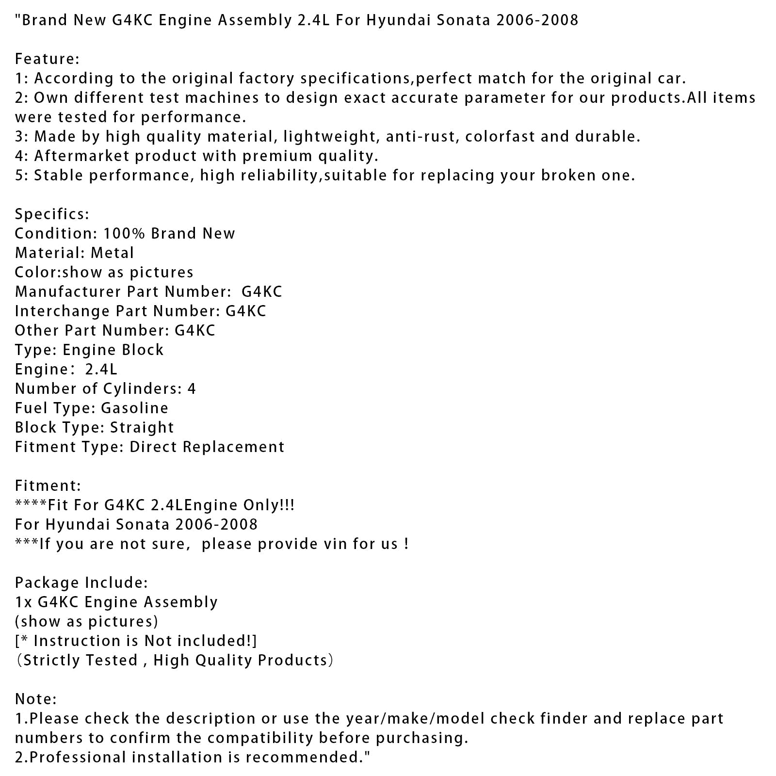 Brand New G4KC Engine Assembly 2.4L For Hyundai Sonata 2006-2008