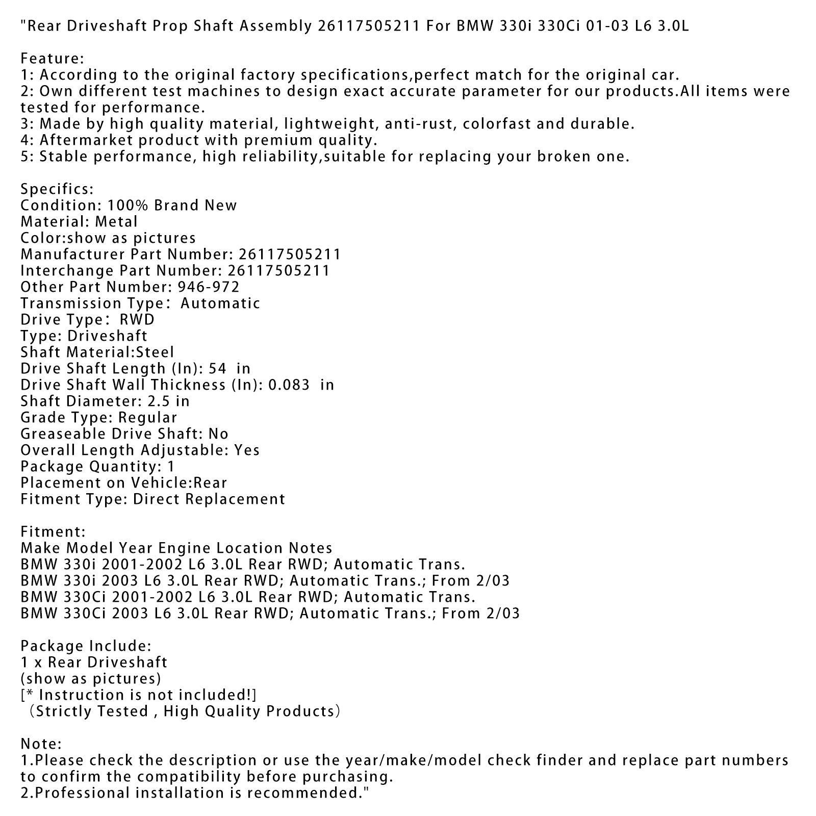 2001-2002 BMW 330i L6 3.0L Rear RWD Automatic Trans. Rear Driveshaft Prop Shaft Assembly 26117505211