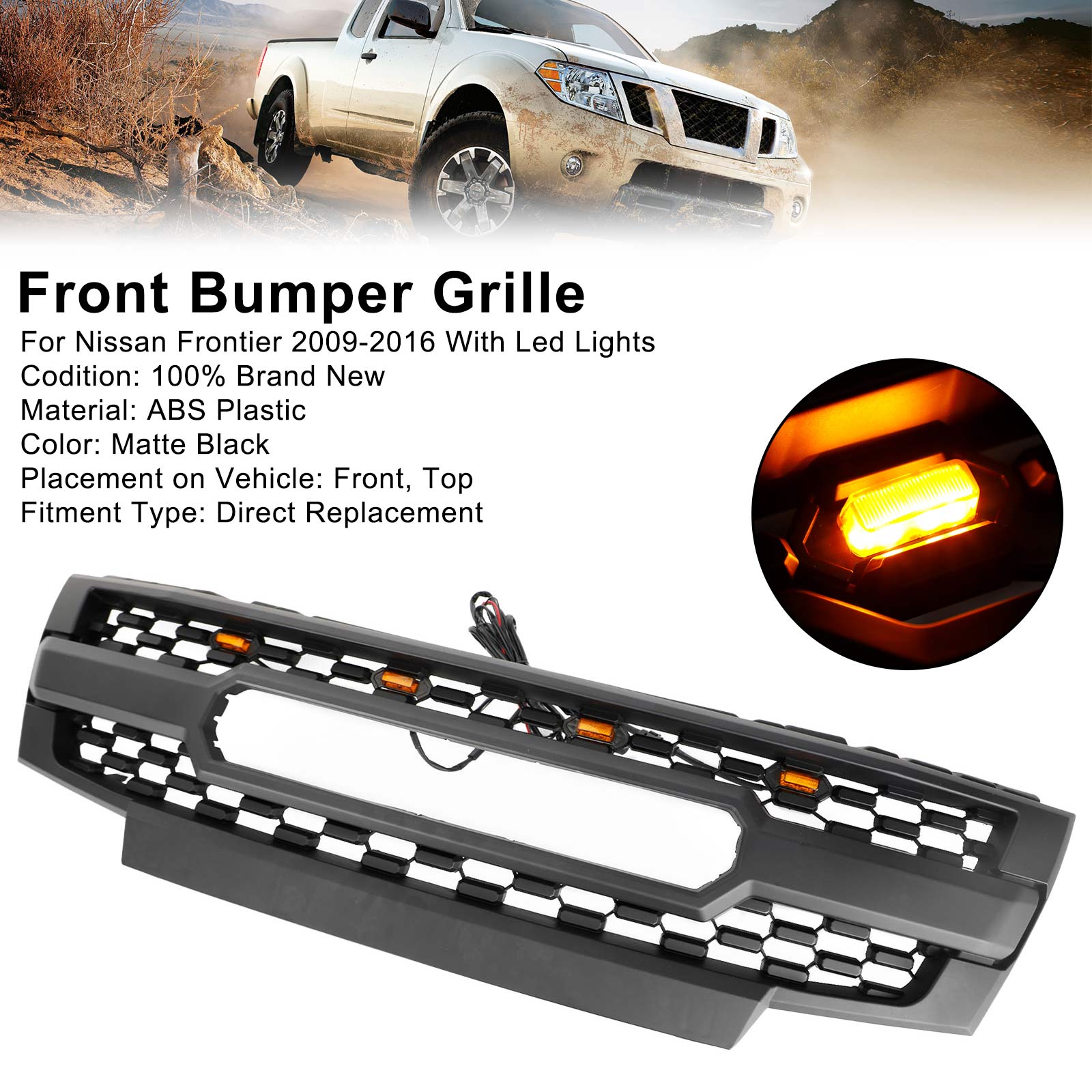 Black Front Bumper Grille Grill Fit Nissan Frontier 2009-2019 W/ Led Lights