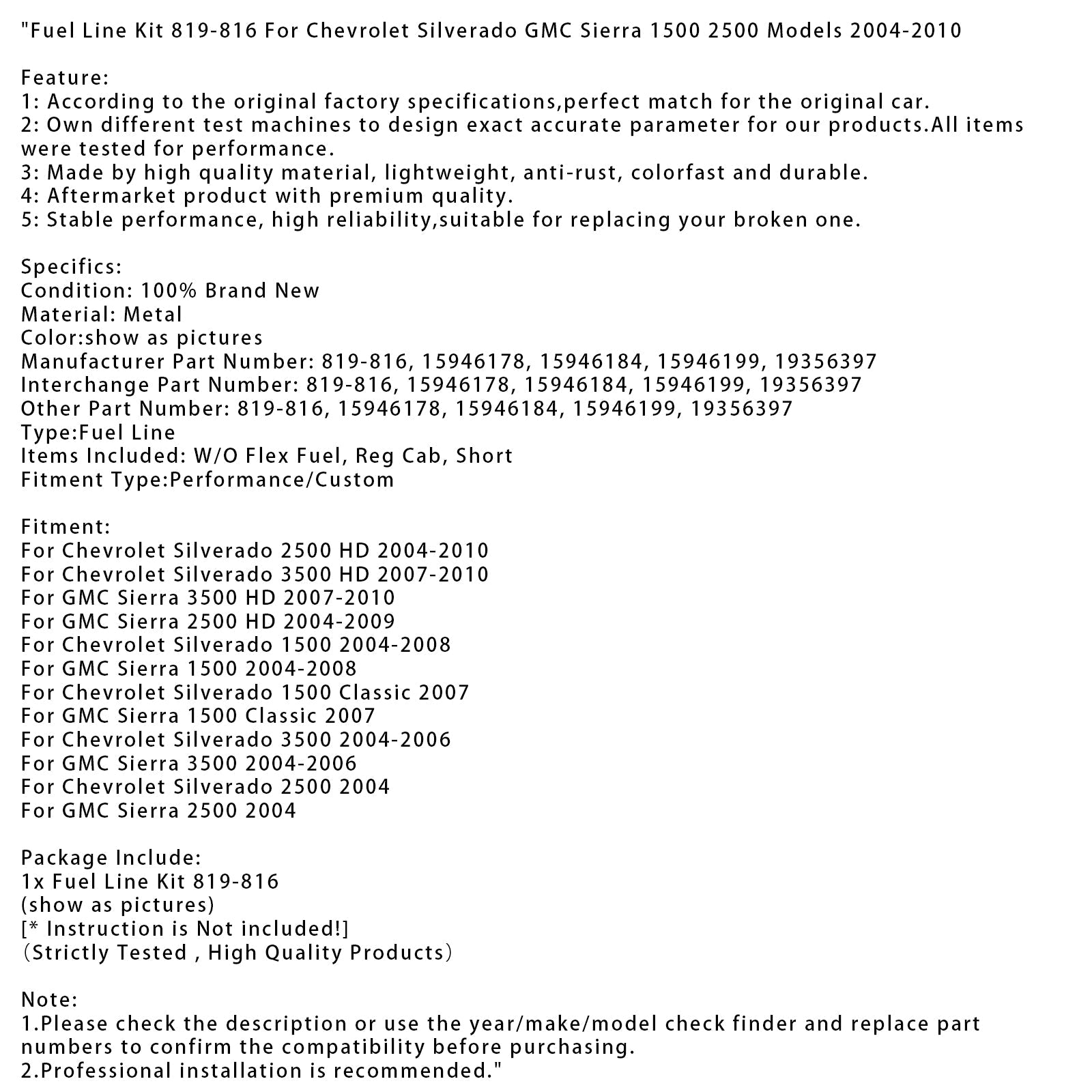 2004-2009 GMC Sierra 2500 HD Fuel Line Kit 819-816 15946178 19356397