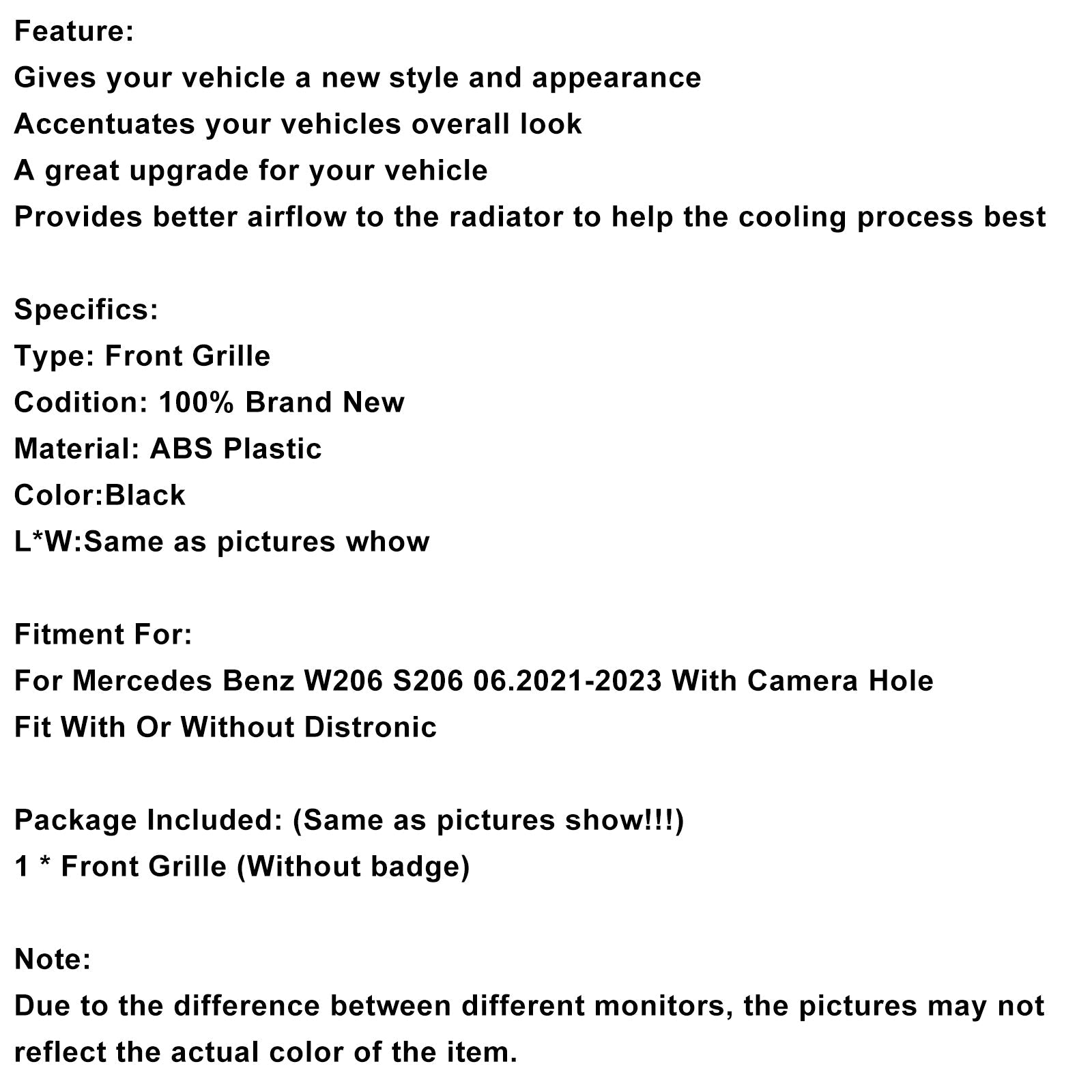 2022-2023 Mercedes Benz W206 W/Camera GTR Style Front Bumper Grille Grill