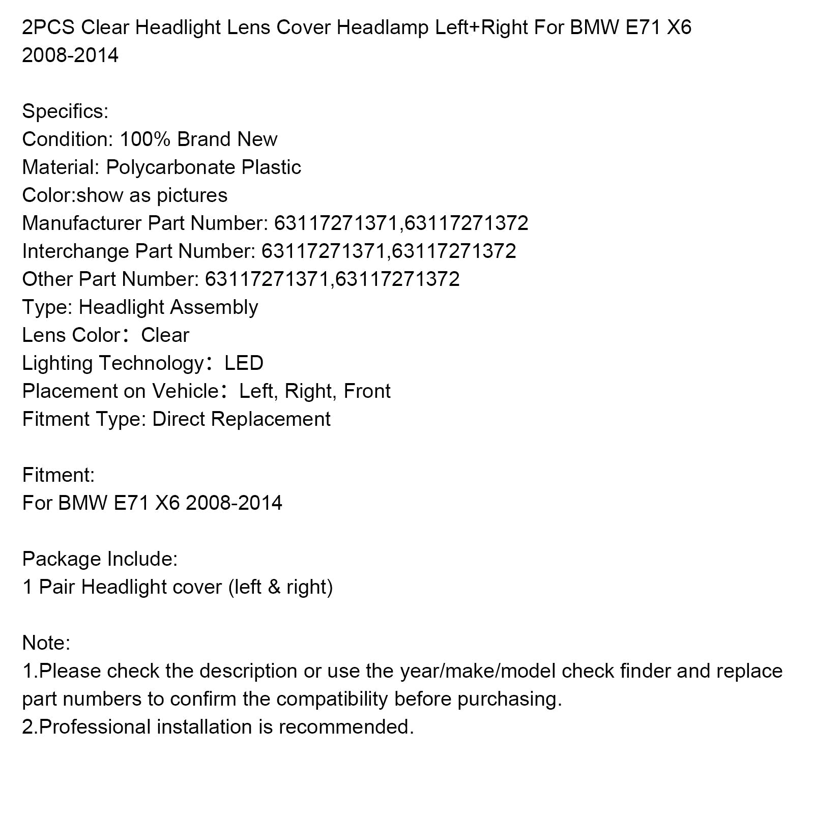 2008-2014 BMW E71 X6 2PCS Clear Headlight Lens Cover Headlamp Left+Right