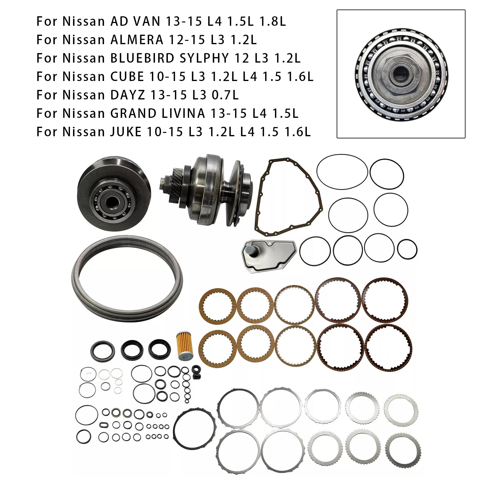 2013-2015 Nissan GRAND LIVINA L4 1.5L Transmission Master Rebuild Kit & Pulley Set W/ Belt JF015E RE0F11A