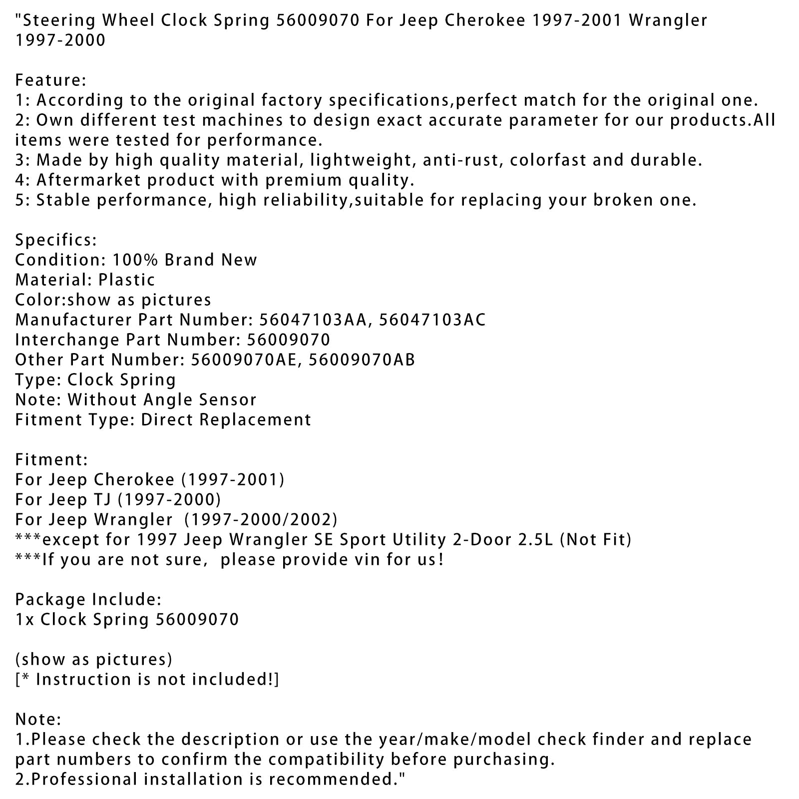 Jeep Cherokee 97-01 Wrangler 97-00 용 스티어링 휠 시계 스프링 56009070