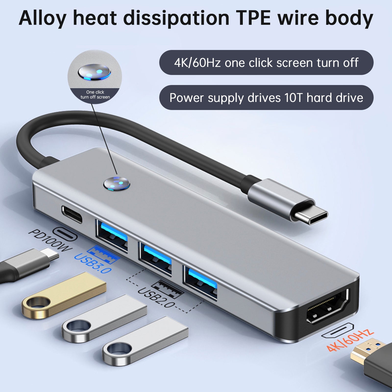 5 in 1 TYPE-C+USB3.0*1+USB2.0*2+HDMI+PD100W Interface Hub Adapter for MacBook