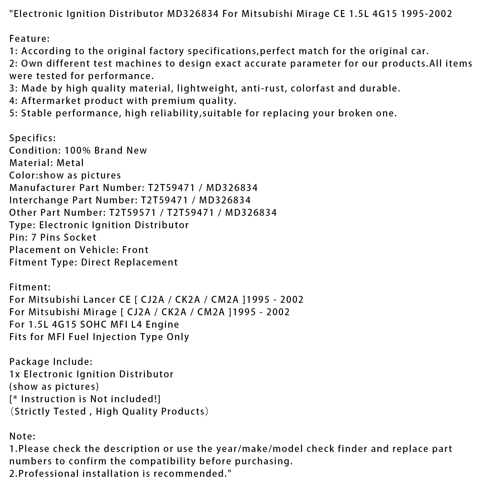 Electronic Ignition Distributor MD326834 For Mitsubishi Mirage CE 1.5L 4G15