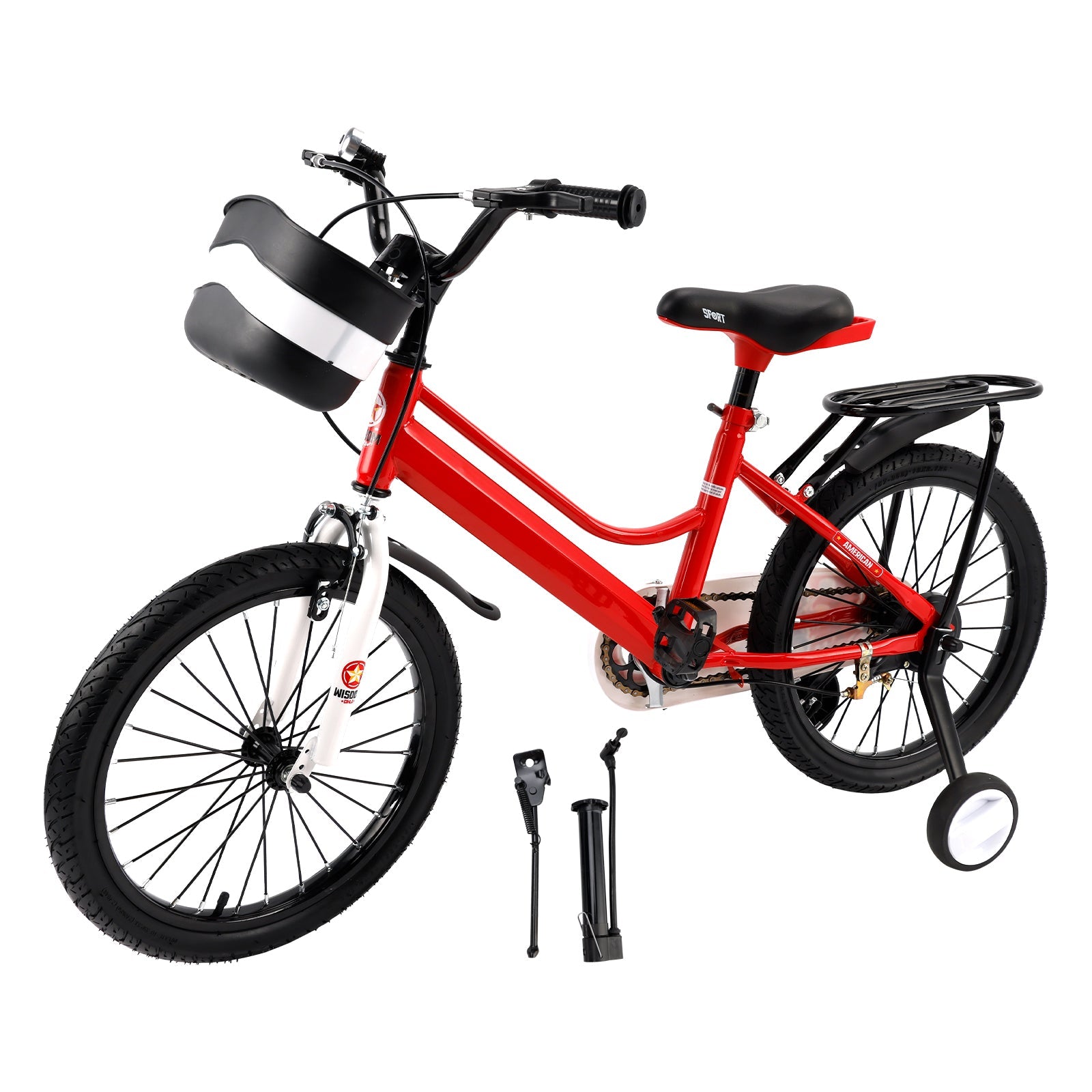 18" Kids Bike for Boys and Girls with auxiliary wheels & Rack Red