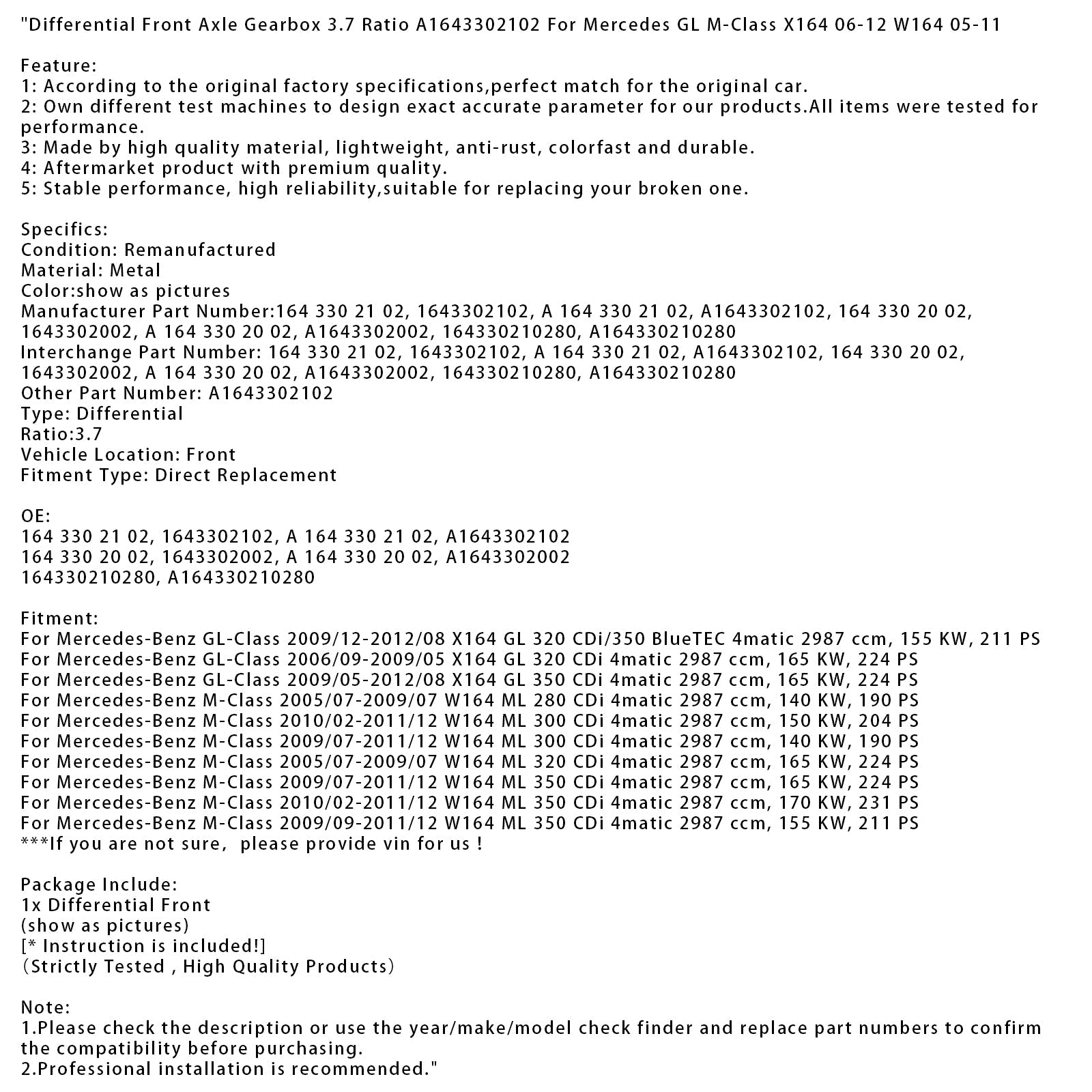 2009/07-2011/12 Mercedes-Benz M-Class W164 ML 300 CDi 4matic Differential Front Axle Gearbox 3.7 Ratio 164330210280