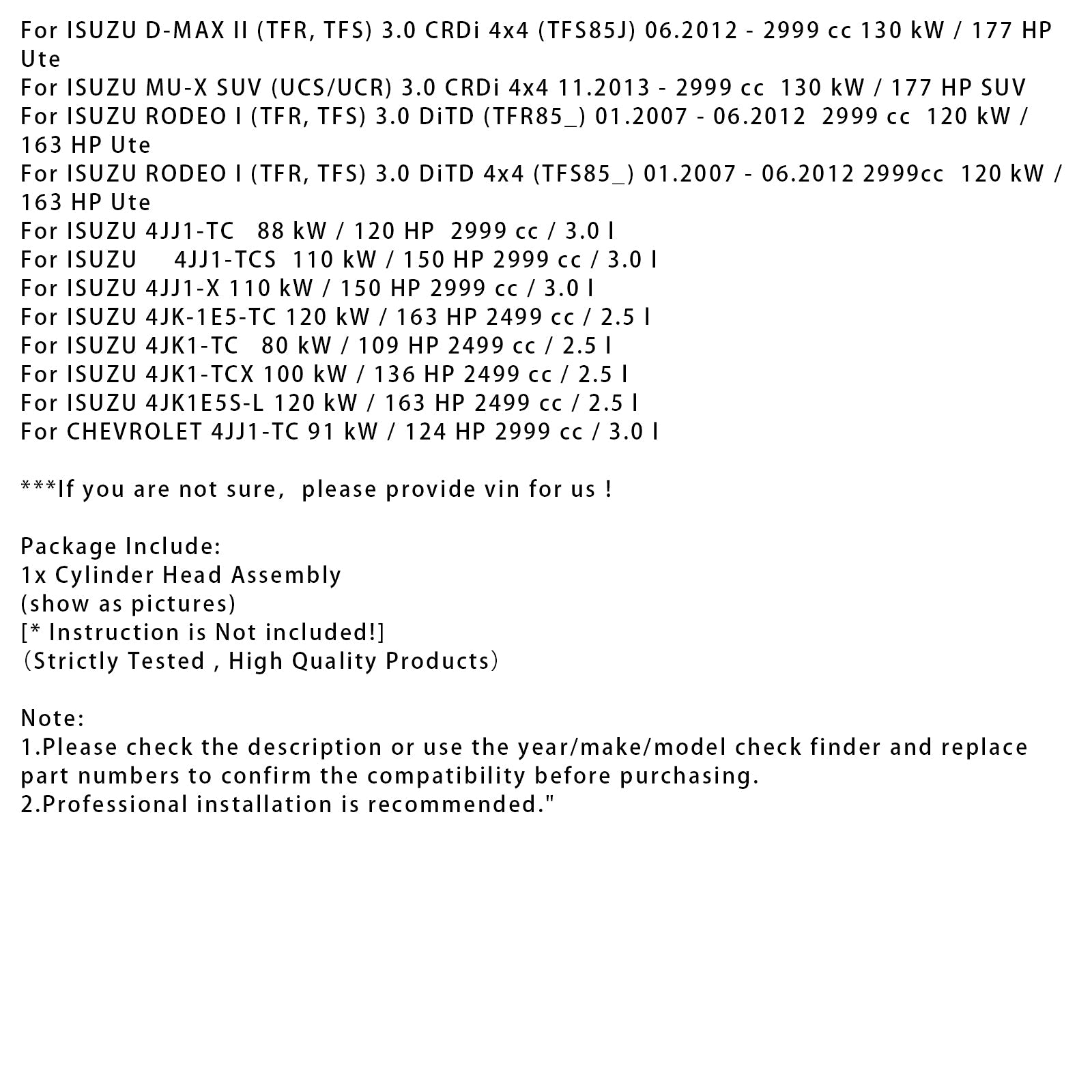 01.2007-06.2012 ISUZU RODEO I (TFR, TFS) 3.0 DiTD (TFR85_) Complete Assembled Cylinder Head 4JJ1-TC 4JK1-TC
