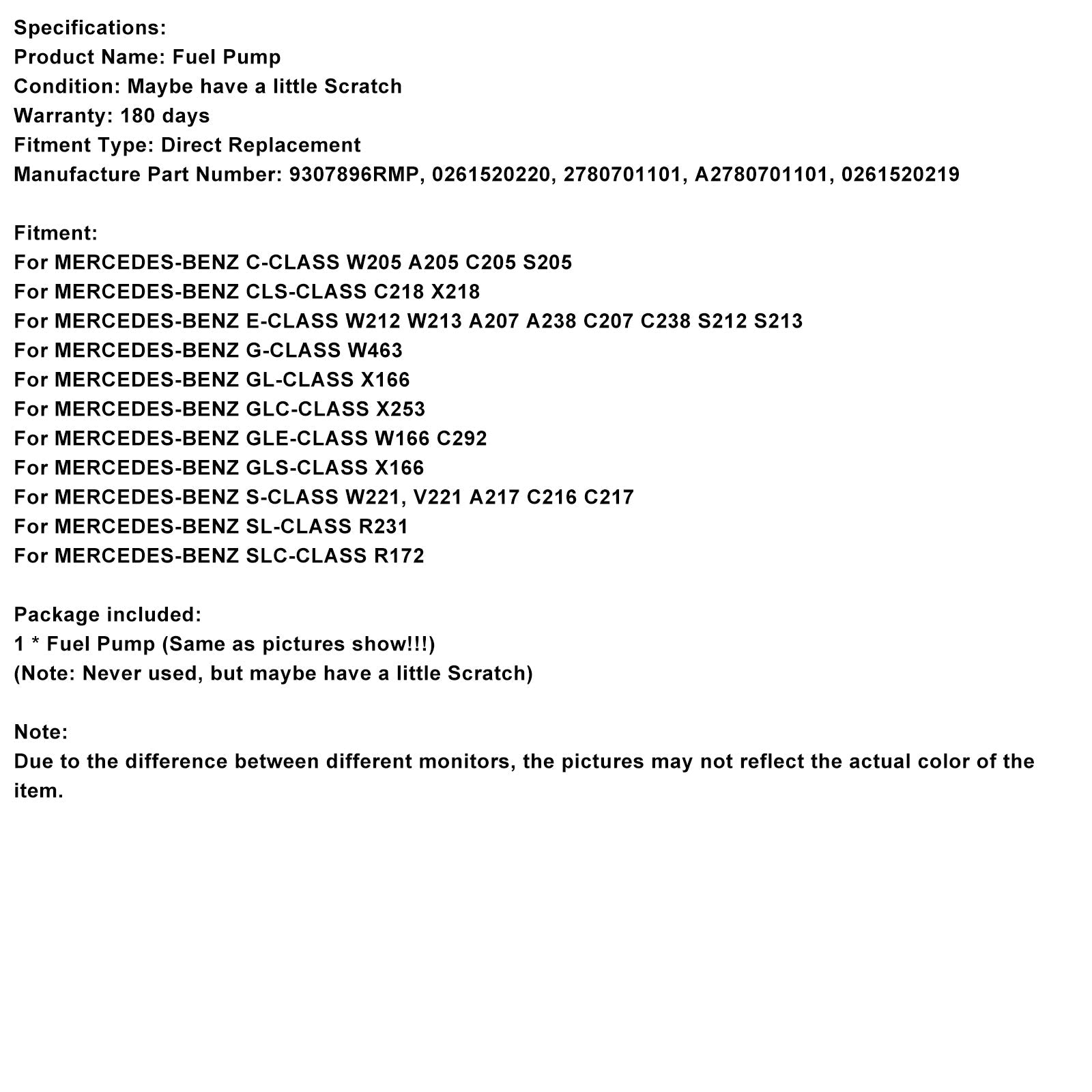 MERCEDES-BENZ S-CLASS W221, V221 A217 C216 C217 High Pressure Fuel Pump A2780701101 9307896RMP